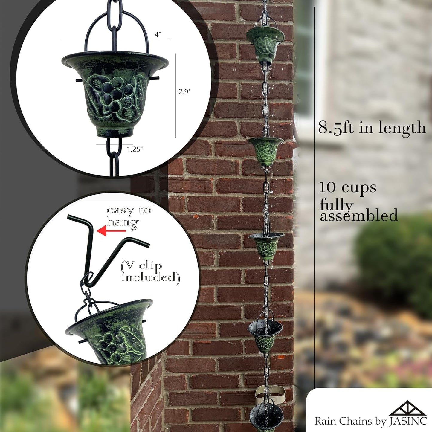 8.5 ft Grape Leaf Vineyard Cups Green Patina, to Replace Roof Gutter Downspout, with Installation Kit, Rainwater Catcher/Water Diverter, JAS8005GN