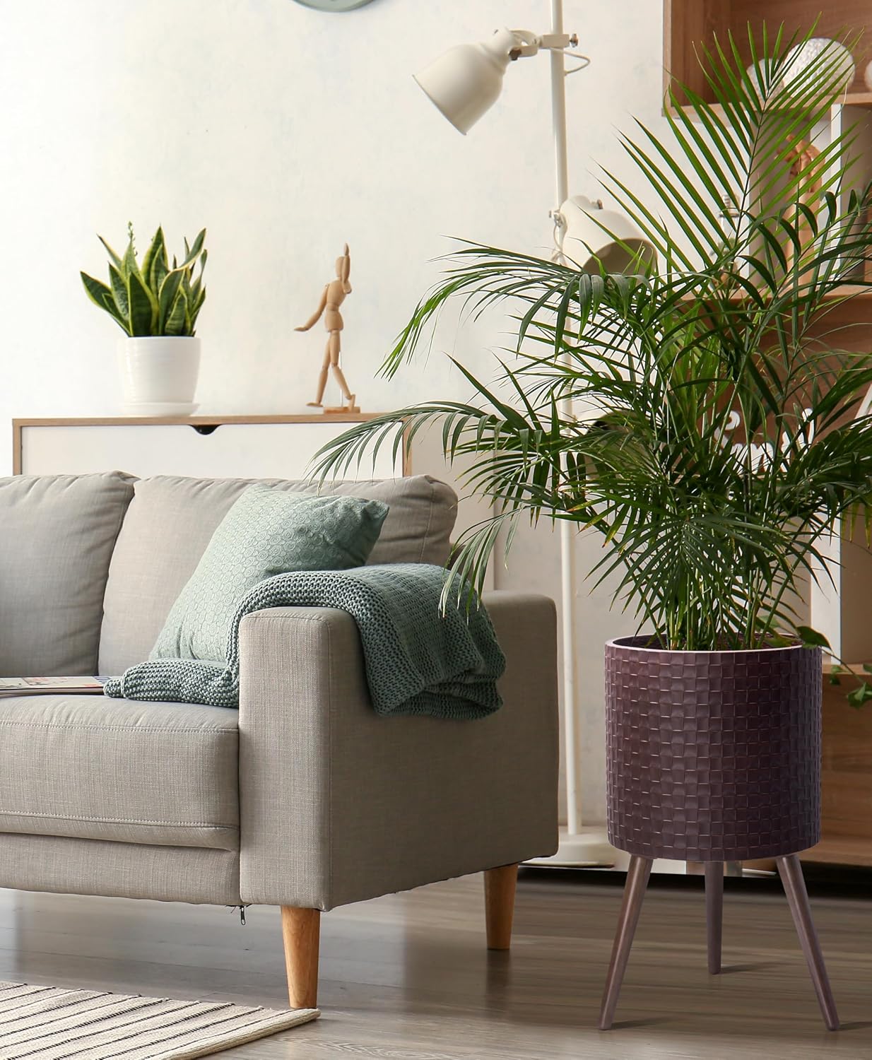 D'vine Dev 14 Inch Modern Geometric Tile Patterned Sleek Planter Pot with Stand, Indoor Outdoor Decorative Plant Holder, Espresso, 88-Z-D-6