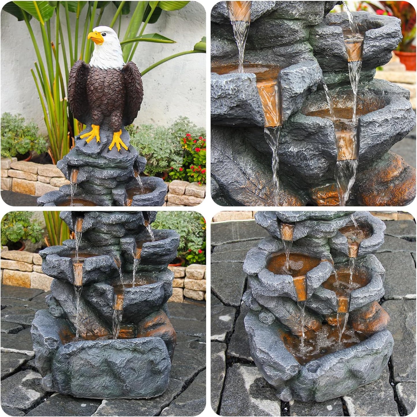 YZM Bald Eagle Statue Outdoor Fountain Tiered Cascading Rock Water Fountain Outdoor Garden Waterfall Decor for Garden Patio Backyard Deck Porch Outside Water Feature 39.76" H