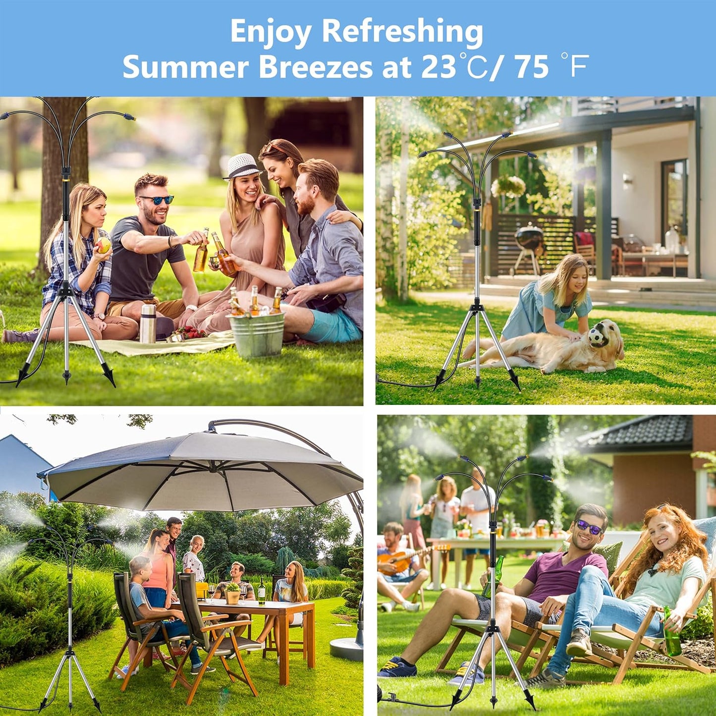 26Ft Standing Misting System, Standing Misters for Outside Patio, Adjustable Height 4.1 FT, Portable Stand Mister for Water Mist Playing, Patio Cooling