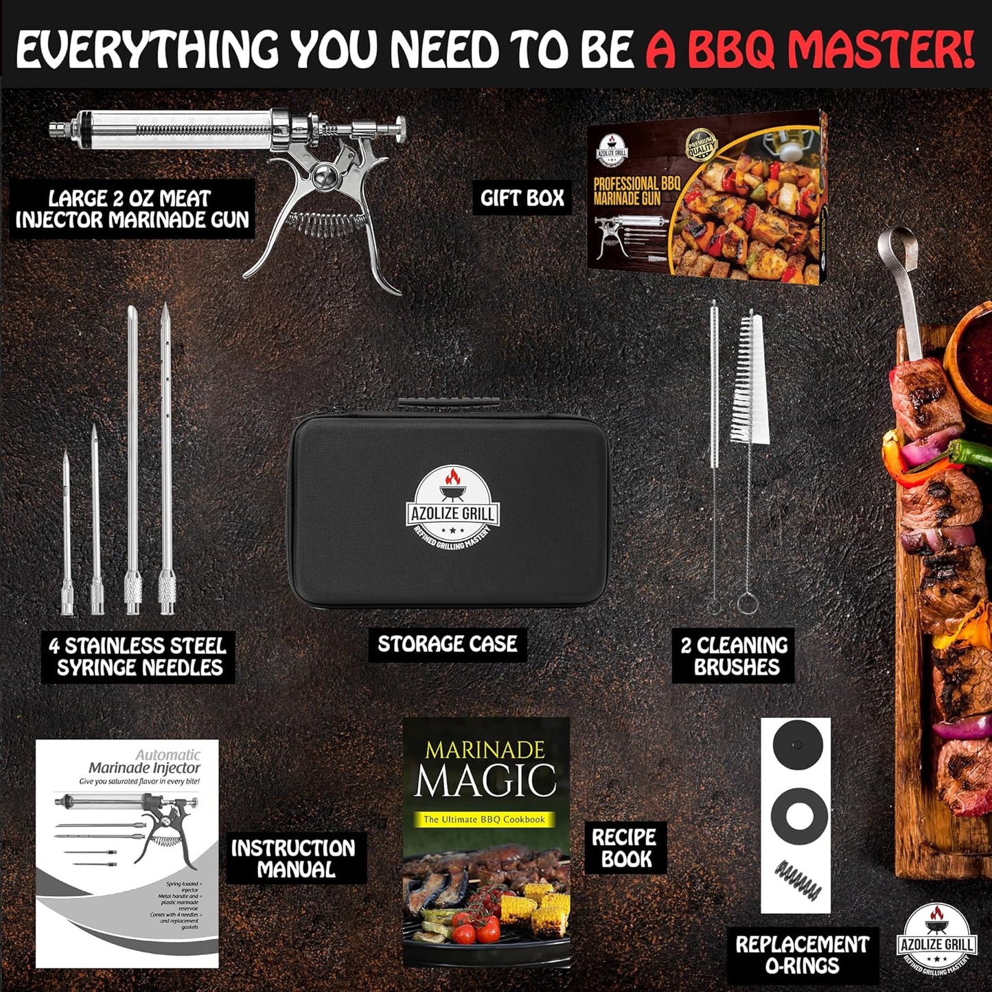 Meat Injector Gun Kit for Smoking & Grilling - Stainless Steel BBQ Meat Turkey Injector with Case, Instruction Book - Professional Brisket Flavor Injector Syringe - Marinade Meat Injector