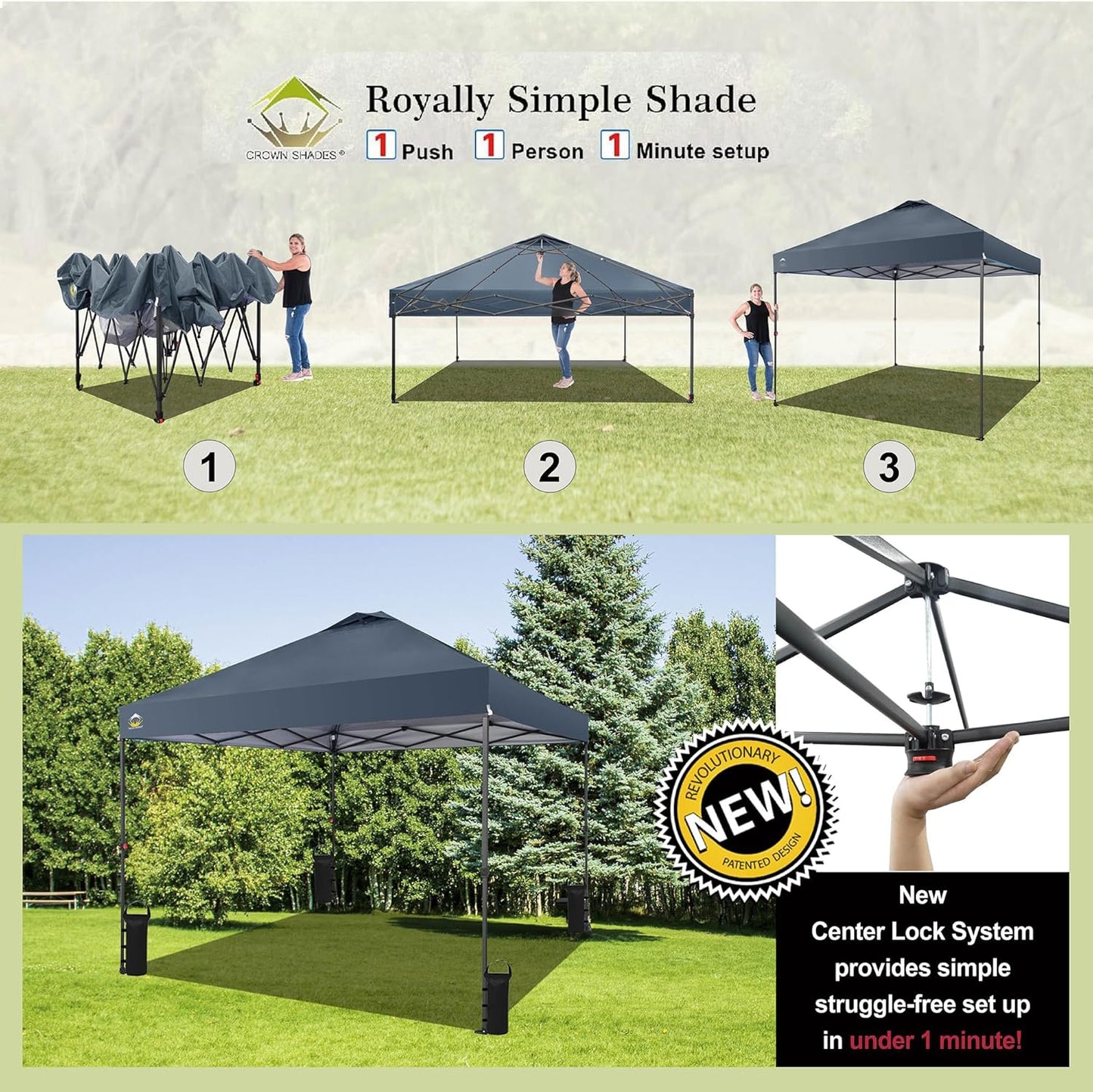 CROWN SHADES 10x10 Pop Up Canopy Tent - Patented Center Lock One Push Instant Outdoor Canopy Beach Tent with STO-N-Go Bag 8 Stakes & 4 Sand Bags，Grid Grey