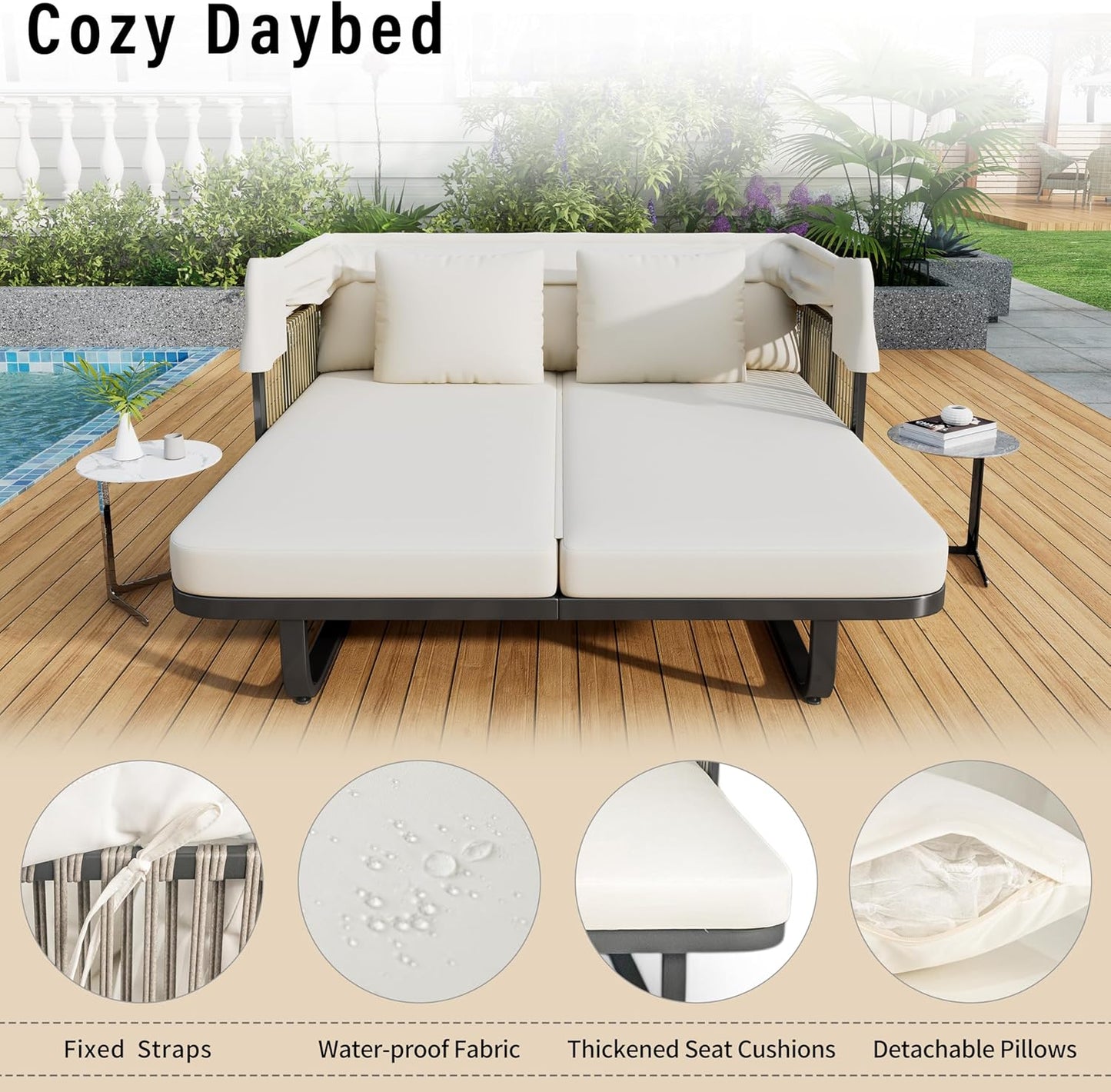 kevinplus Outdoor Patio Sunbed Daybed Double Lounge with Adjustable Canopy for Garden Backyard Pool, Iron Frame & Rattan Material & Moveable Cushion Cover, Beige