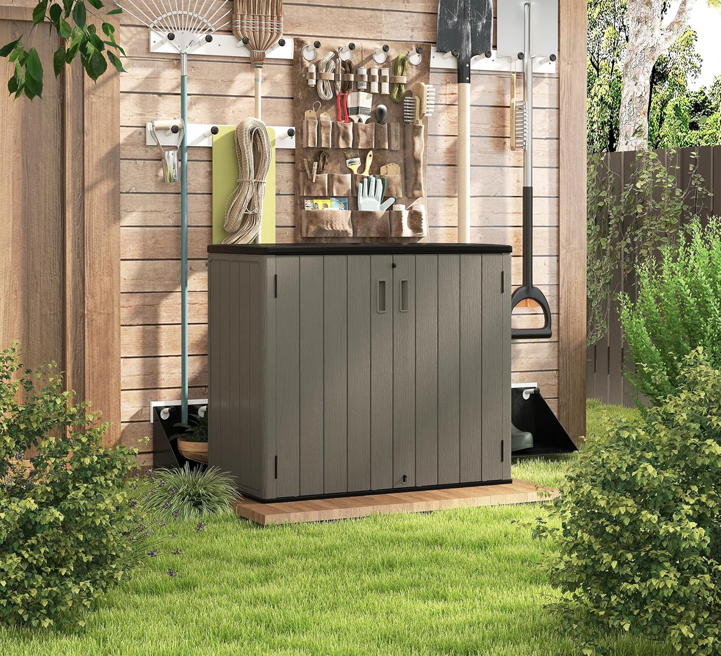 HOMSPARK 37 Cu.Ft Outdoor Storage Shed Weather Resistant, Multi Functional | Double-Wall Resin Storage Sheds & Outdoor Storage Box Waterproof for Backyard Garden Patio Lawn (Shallow Coffee)