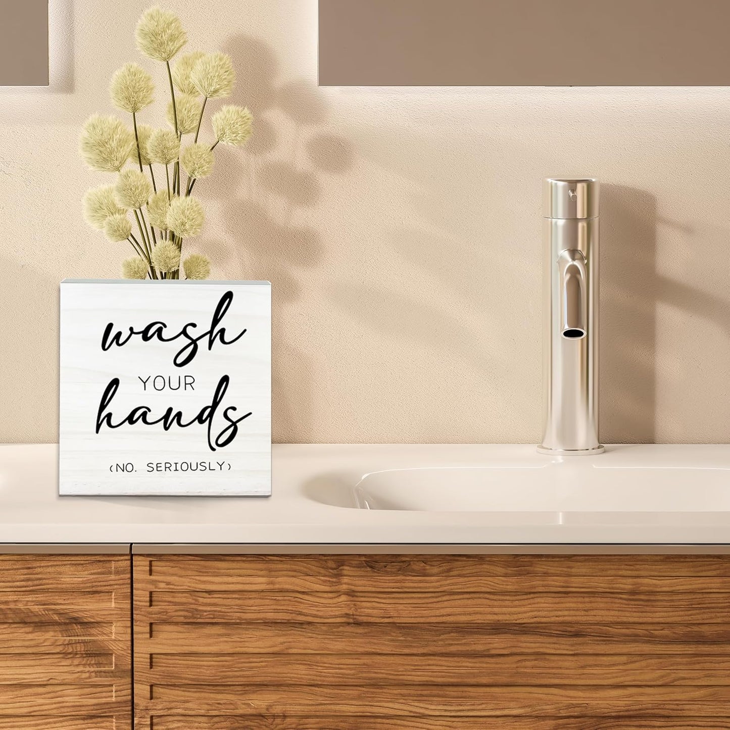 Wash Your Hands No Seriously Wooden Sign - Funny White Block Plaque Desk Decoration-5x5 inches Rustic Wood Block Gifts For Friends Family Coworkers-Restroom Bathroom Tabletop Favors & Supplies-A05