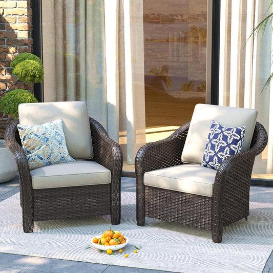 Patio PE Rattan Chairs Set of 2, All-Weather & Steel Frame Outdoor Conversation Furniture Set with Washable Cushions for Garden, Bistro, Deck, Yard (Beige)