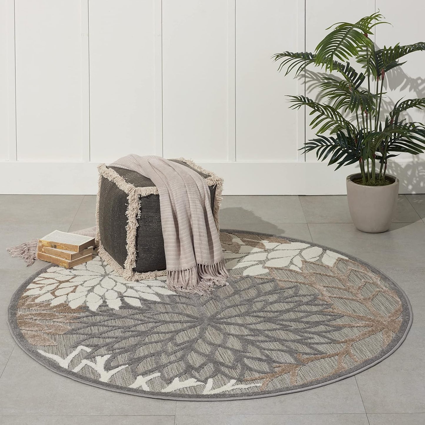 Nourison Aloha Indoor/Outdoor Area Rug 5'3", Natural, Round Tropical Botanical Easy-Cleaning Non Shedding Bed Room Living Room Dining Room Deck Backyard Patio
