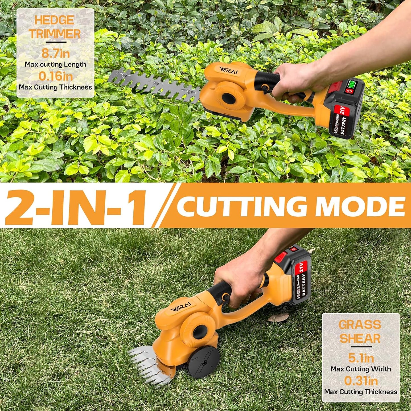 Cordless Hedge Trimmer, 2-in-1 Hedge Trimmer, Ultra Long Battery Life with Battery*2, high-Power and high-Capacity Grass Trimmer for Gardens, Yards and lawns, Including Charger