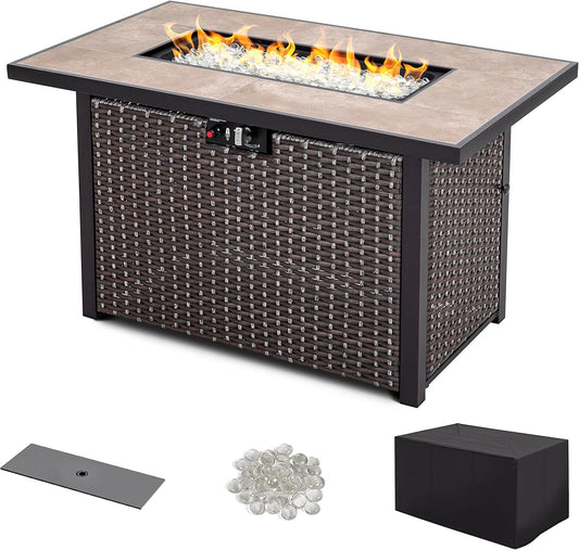 Nuu Garden Outdoor 43 Inch 50,000 BTU Propane Gas Fire Pit Table, Propnae Fire Pit with Ceramic Tabletop, Oxford Cover, Dark Brown and Coffee