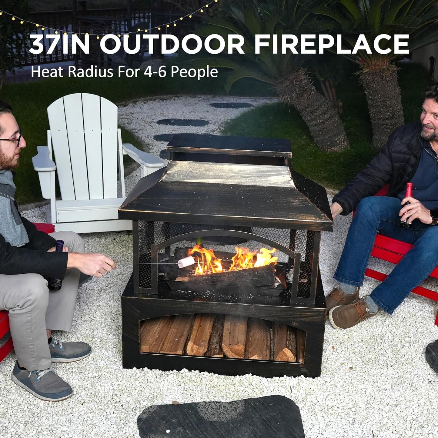 Red Mountain Valley 37in Outdoor Wood Burning Fireplace, Large Outdoor Fire Pit with Log Grate and Poker, Chimney Outside Fireplace with Firewood Racks Storage for Patio, Garden and Backyard