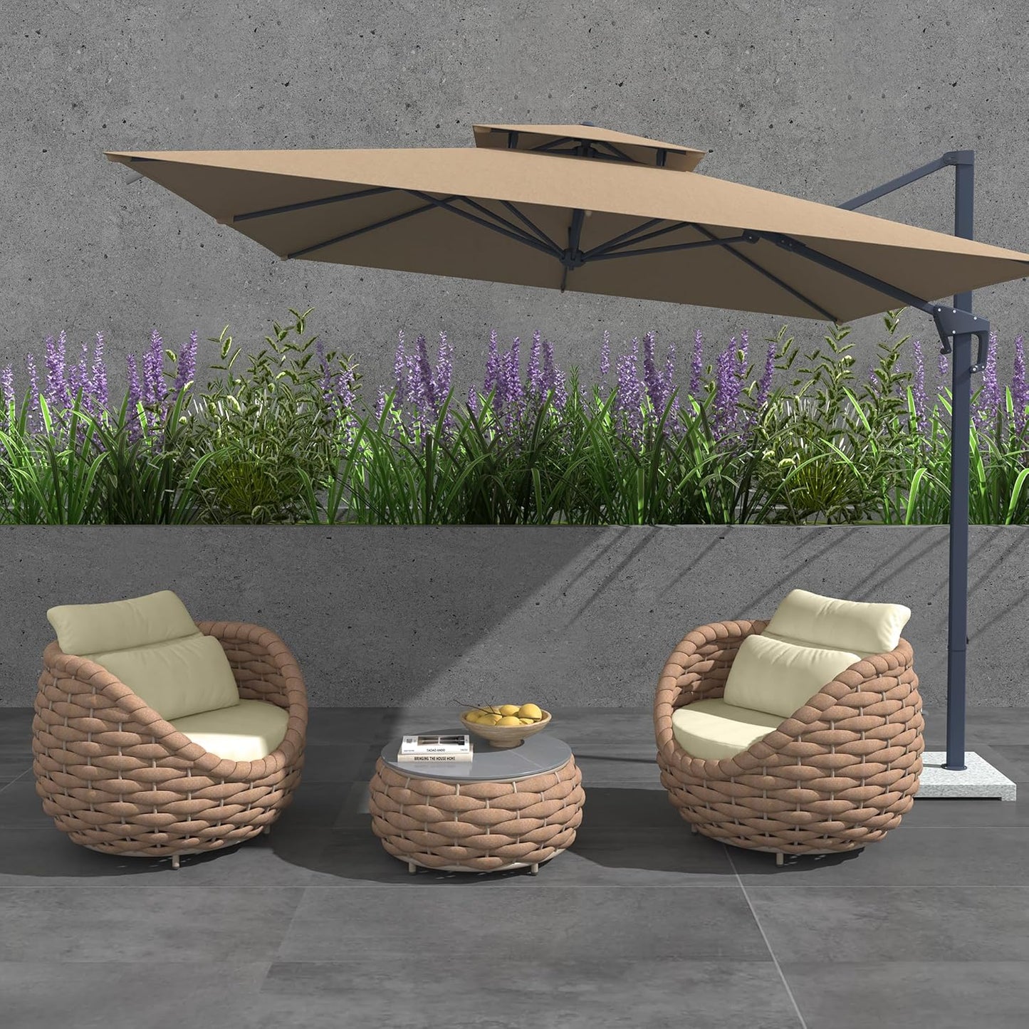 TWT 3 Pieces Aluminum Patio Furniture Set Quick Drying Textilene Rope Outdoor Sofa Set w/Washable Cushion and Rock Slab Tabletop, Conversation Furniture for Livingroom Poolside Balcony (Khaki)