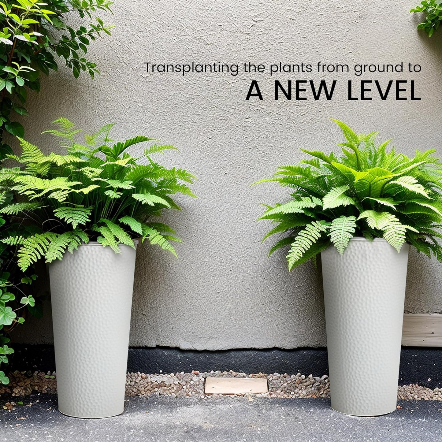 KOL 28" H. Tall Metal Cone Planters with Inner Pots 2-Pack, White Hand-Hammered Large Decor Planter for Deck, Patio, Porch - Handcrafted Flower Pot - with Water Level Indicator - Indoor Outdoor Use