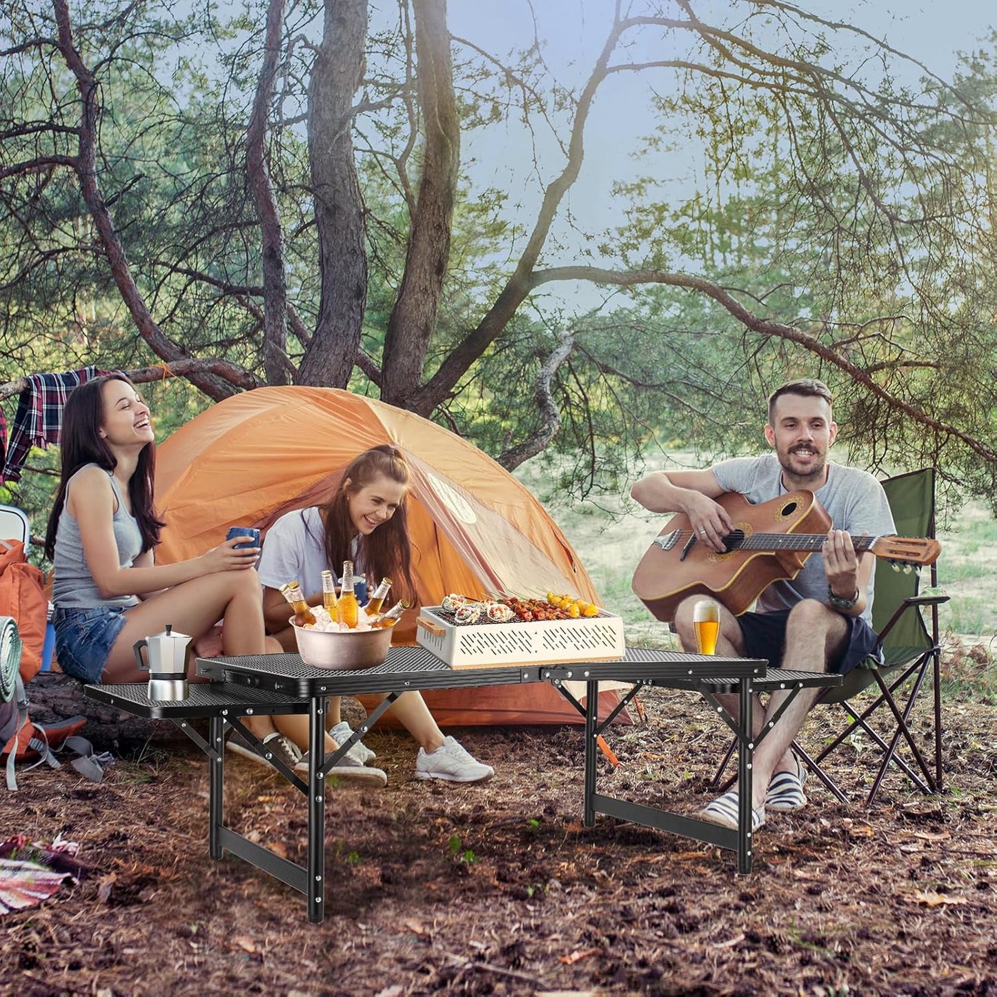 Grill Table Folding Table with 2 Wing Panels 3FT+1.4 FT with with 1×2/5 L Storage Bag Mesh Desktop 2 Height Adjustable Portable Grill for Outdoor Indoor Beach BBQ Picnic Travel RV Black