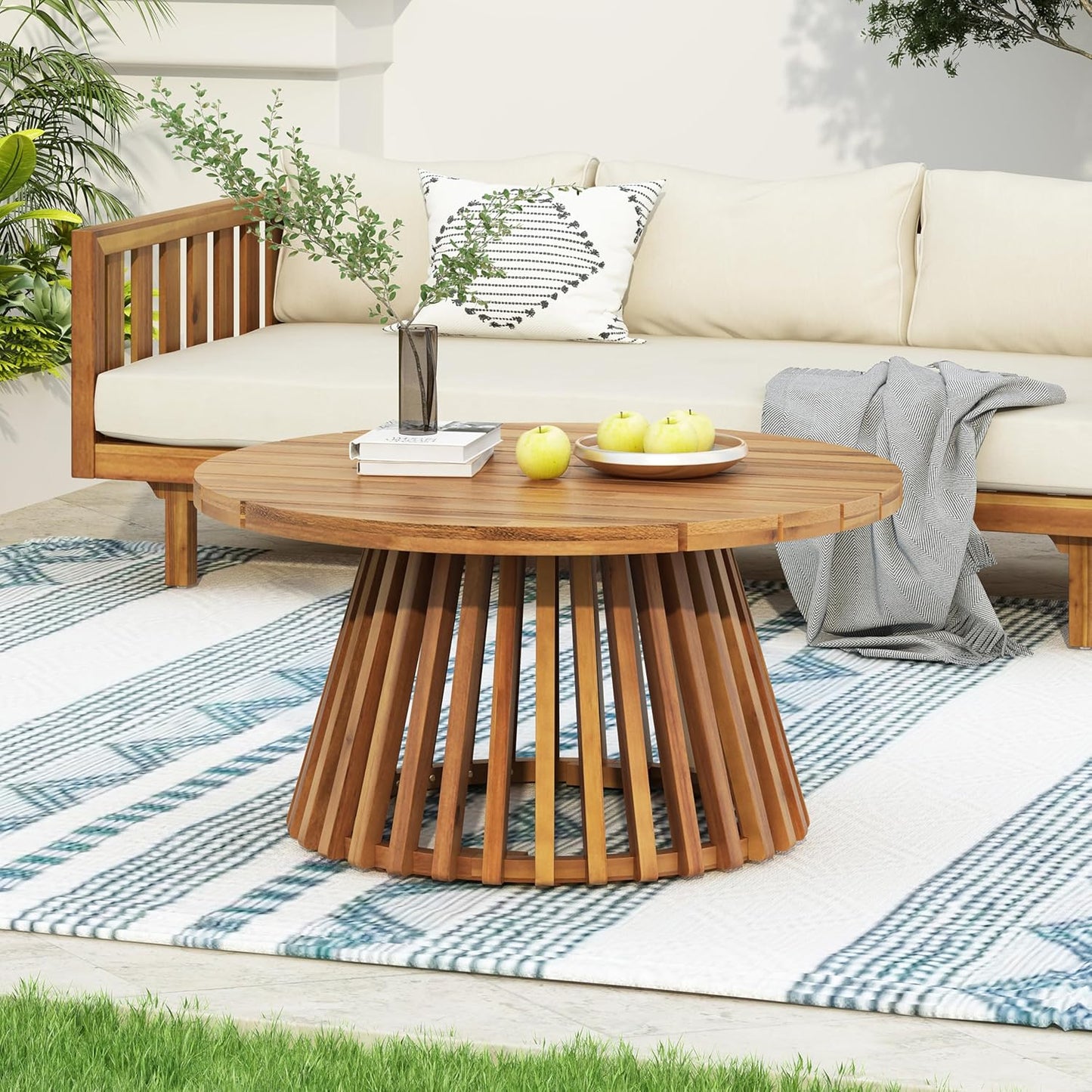 Christopher Knight Home Claremont Patio Sofa and Coffee Table Set, 2 Piece Wicker Patio Furniture Set, Acacia Wood 3 Seater Outdoor Sofa Daybed and Coffee Table Set, Teak+Beige