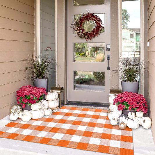 IOHOUZE Fall Buffalo Plaid Check Rug Outdoor Doormat 3x5 Ft Washable Woven Outdoor Indoor Welcome Mats for Front Door/Farmhouse/Entryway/Home Entrance Orange and White Outdoor Rug
