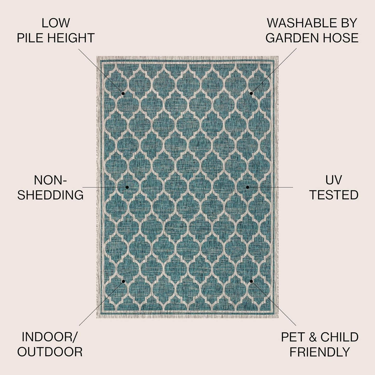 Eyely BMS109E-4R Santa Monica Trebol Moroccan Trellis Textured Weave, Pet Friendly, Non-Shedding, Stain Resistant, Easy-Cleaning, Teal/Gray, 4' Round, Indoor/Outdoor, Area Rug