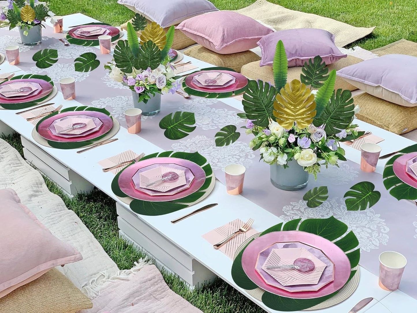 RECUTMS Artificial Tropical Palm Leaves 72Pcs 7 Kinds Green Gold Fake Monstera Leaf with Stem for Safari Jungle Hawaiian Luau Beach Baby Shower Wedding Birthday Party Table Summer Spring Decoration