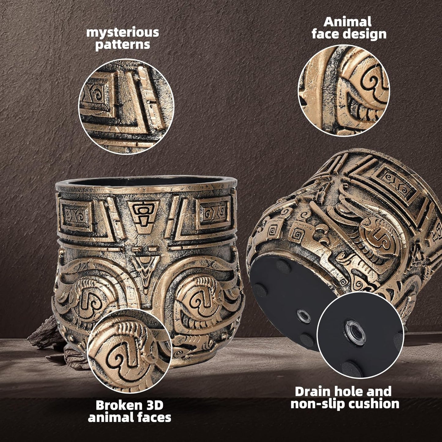 Tribal Vintage Face Planter,Lightweight Unique Plant Pots with Drainage,Eclectic Small Succulent Flower Planters Pots for Outdoor&Indoor Plants,Funny Garden Pot for Room Decor(5.5in,Gold)