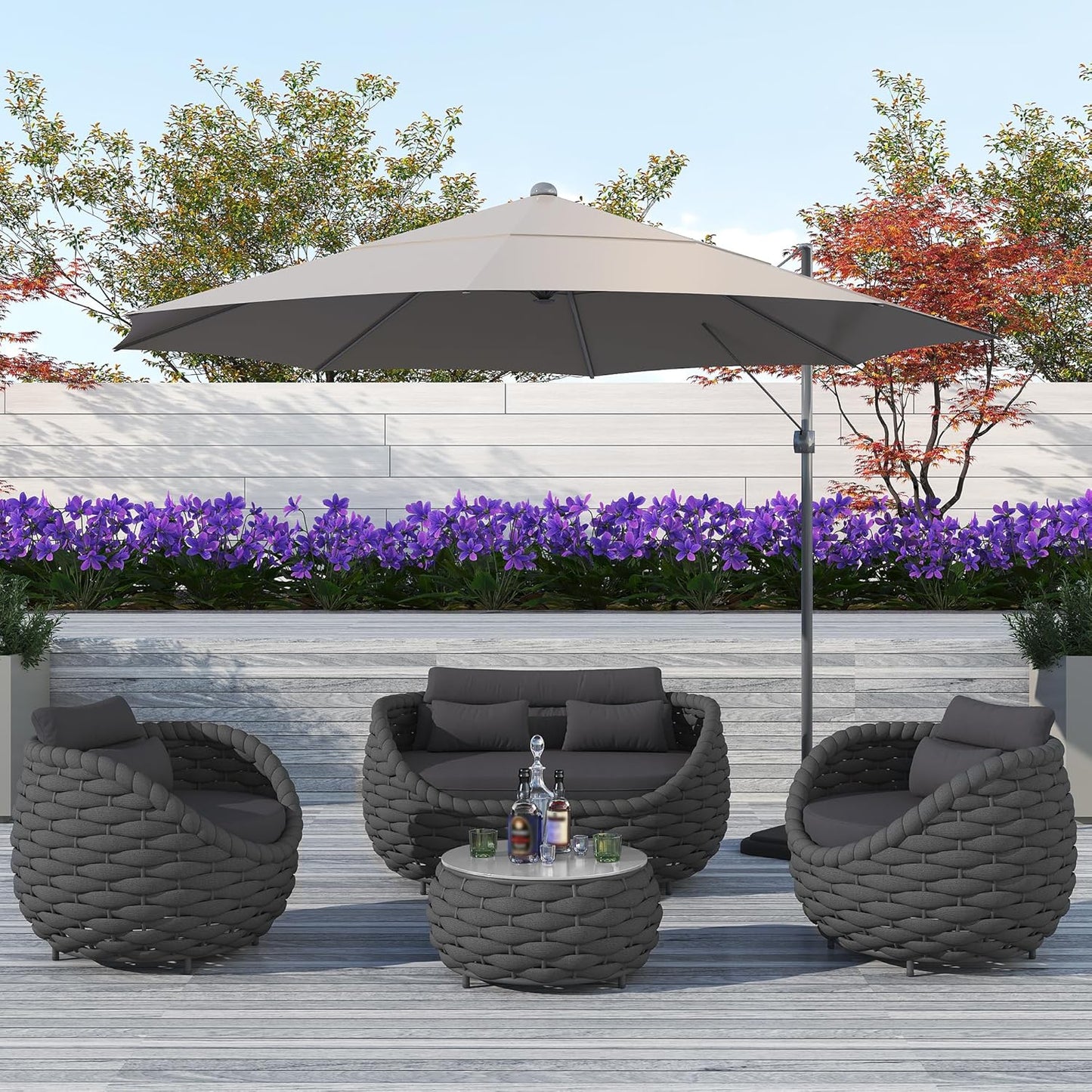 5 Pieces Patio Furniture Set, Outdoor Rope Conversation Sectional Patio Sofa with 5 Seater for Backyard, Porch, Modern Armchairs with Thickness Cushions and Side Table, Dark Grey