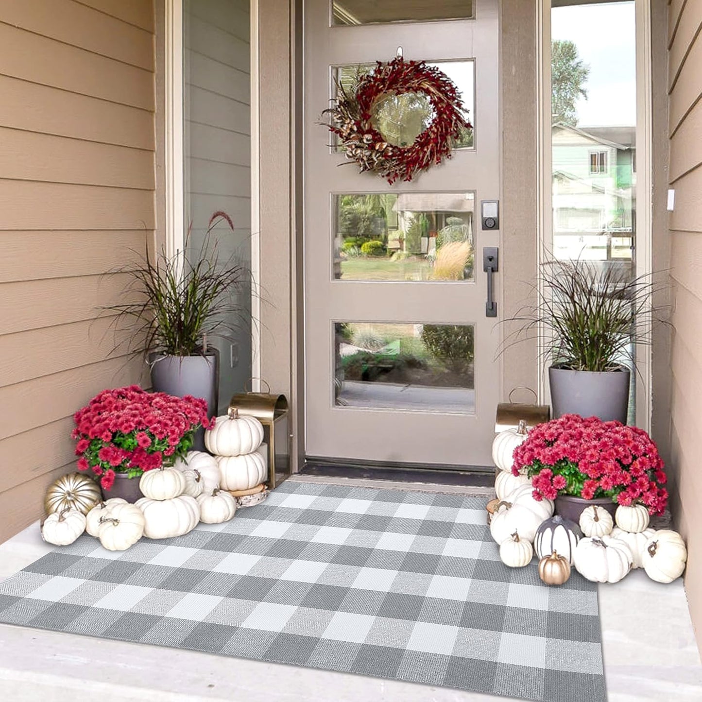 IOHOUZE Buffalo Plaid Checkered Rug 3x5 Ft Front Door Mats, Washable Area Rugs for Front Porch Decor, Spring Summer Welcome Mats Outdoor, Gray White Rug for Farmhouse/Entryway/Home Entrance