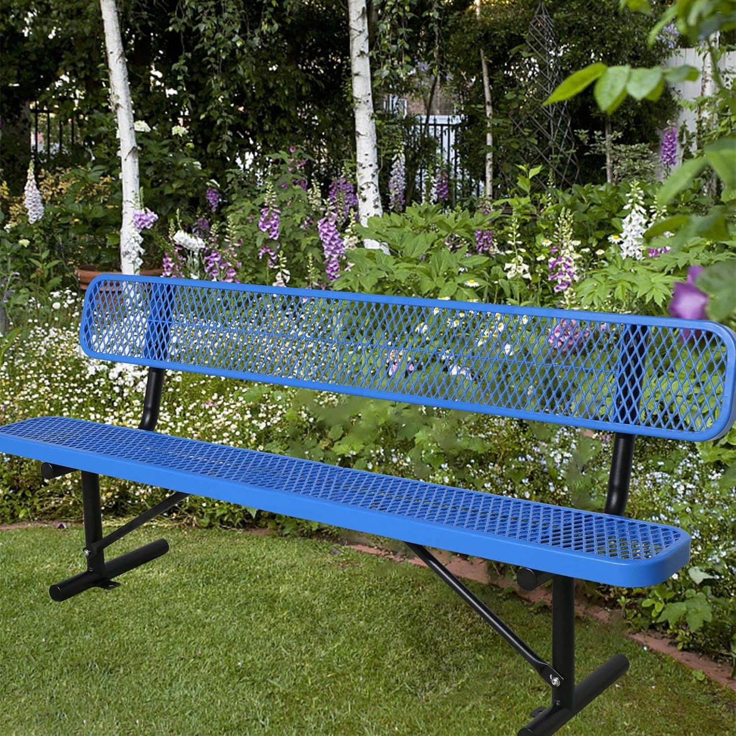 8 FT Steel Park Bench for Outside, Outdoor Bench with Backrest & Portable Frame, Commercial Benches for Shopping Mall, Store, Park, Patio, Deck, Blue