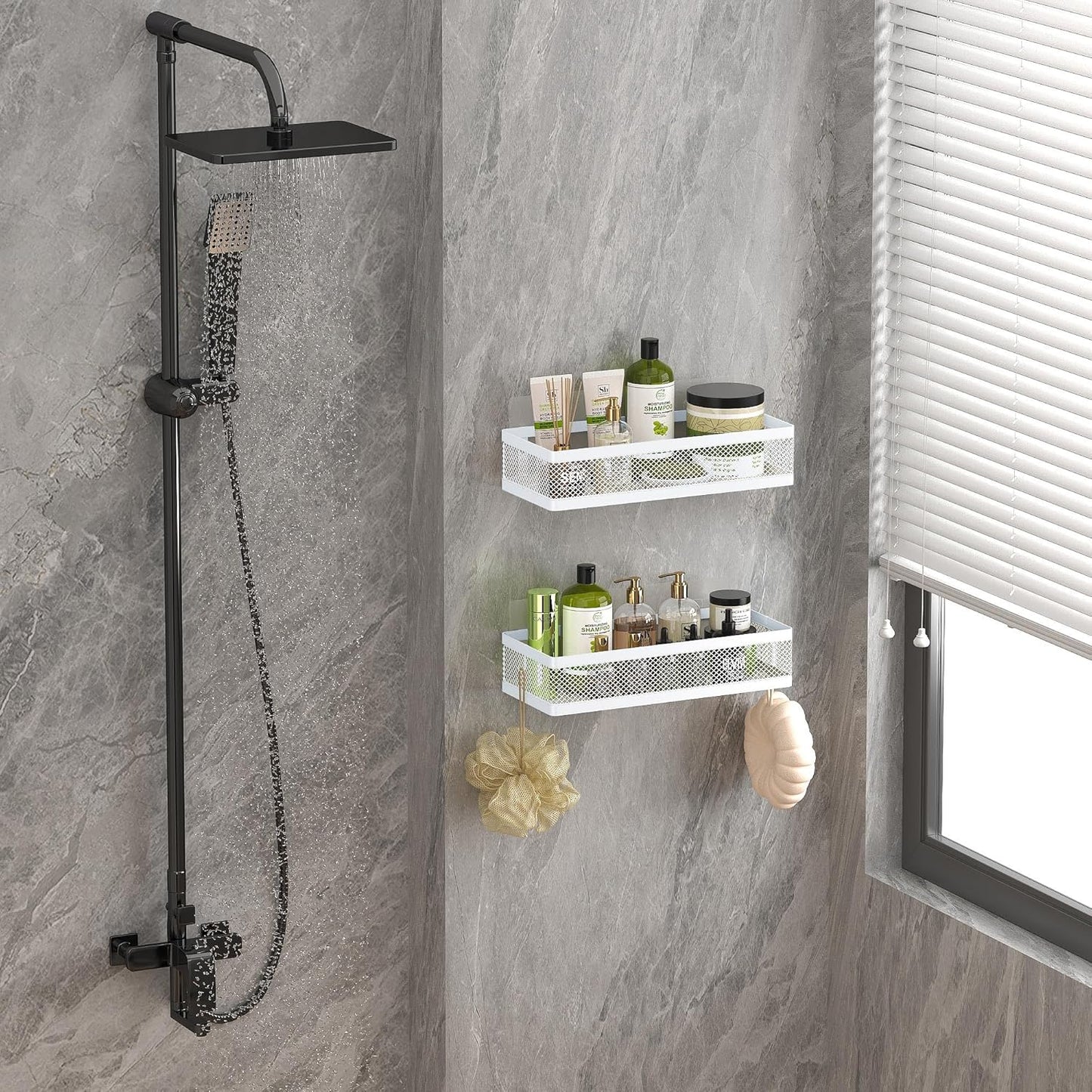 PUSDON Hanging Storage Baskets Organizer Wall Mount, Metal Wire Storage Bin Rack for Kitchen Bathroom Shower Spice Shelf Home Decor Essentials White-2 Packs (Netting)