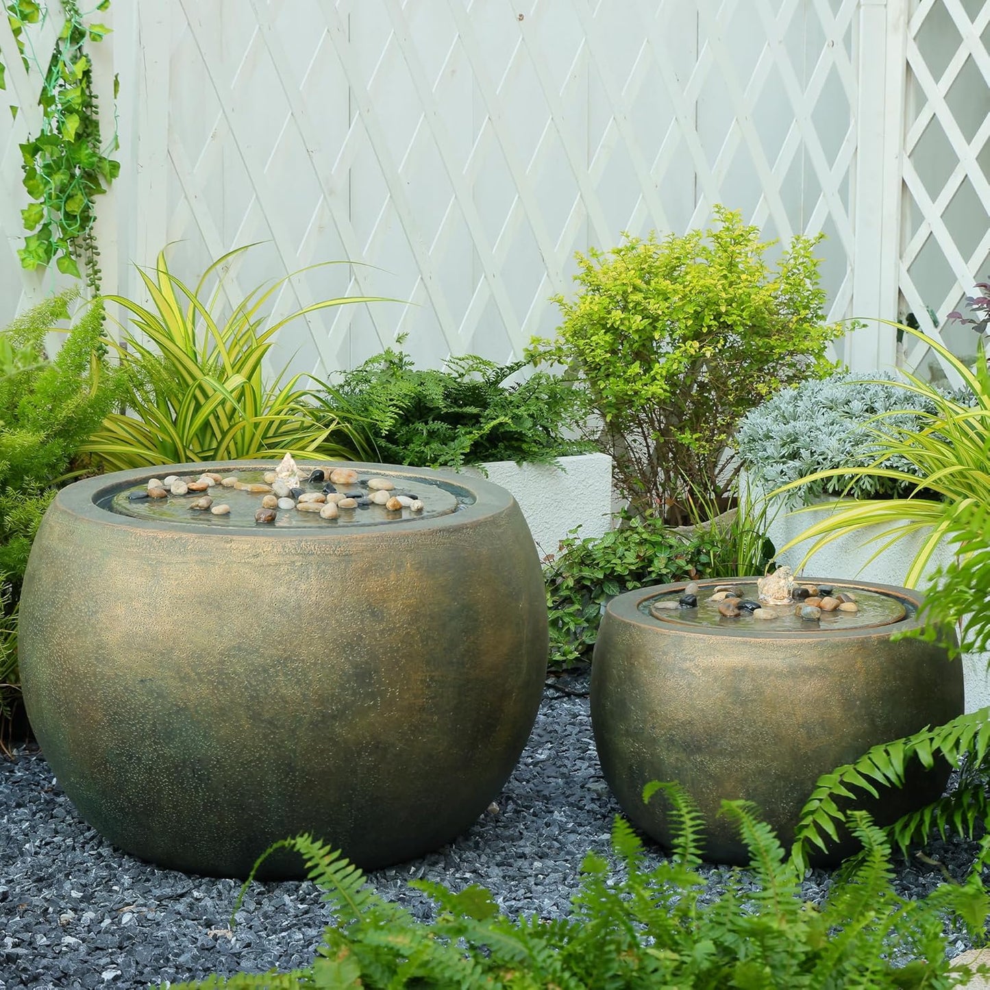 Garden Water Fountain Outdoor Bubbler Water Feature Indoor with Lights & Pump and Pebbles Waterfall Fountains Concrete Effect for Patio Deck Yard Home Decor Gold, 18 "L x 18" W x 11.5" H