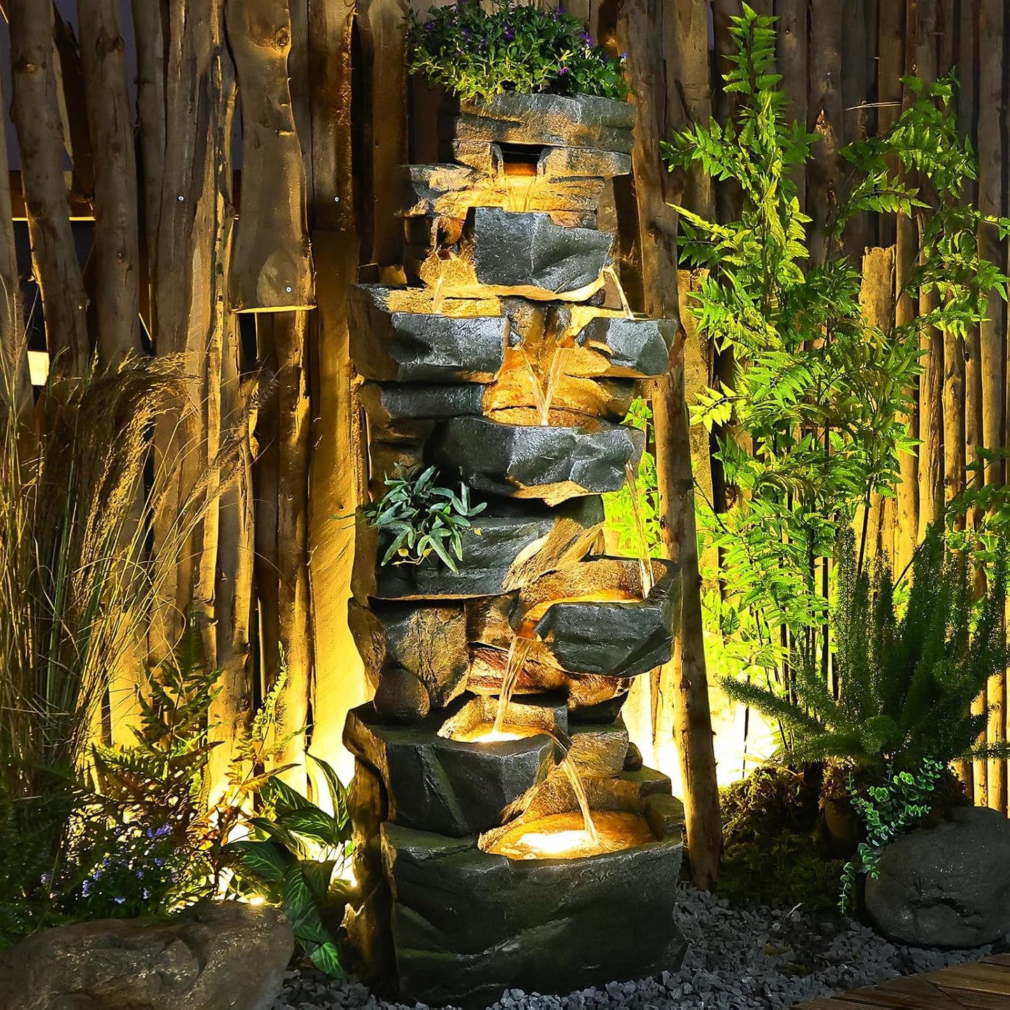 58Inch Outdoor Garden Water Fountain 6 Tiers Large Cascading Rock Natural Waterfall Outdoor Fountain with LED Lights for Patio Porch Backyard Home Art Decor