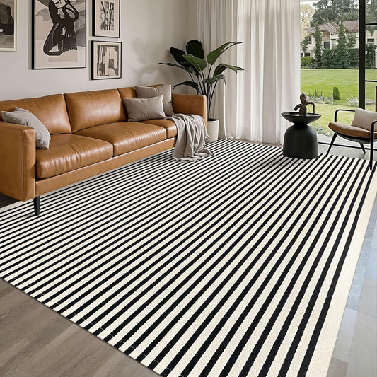IOHOUZE Black Beige Striped Rug -8'x10' Indoor Outdoor Rug, Washable Area Rug for Living Room, Large Patio Rug, Cotton Striped Rugs for Patio Living Room Bedroom