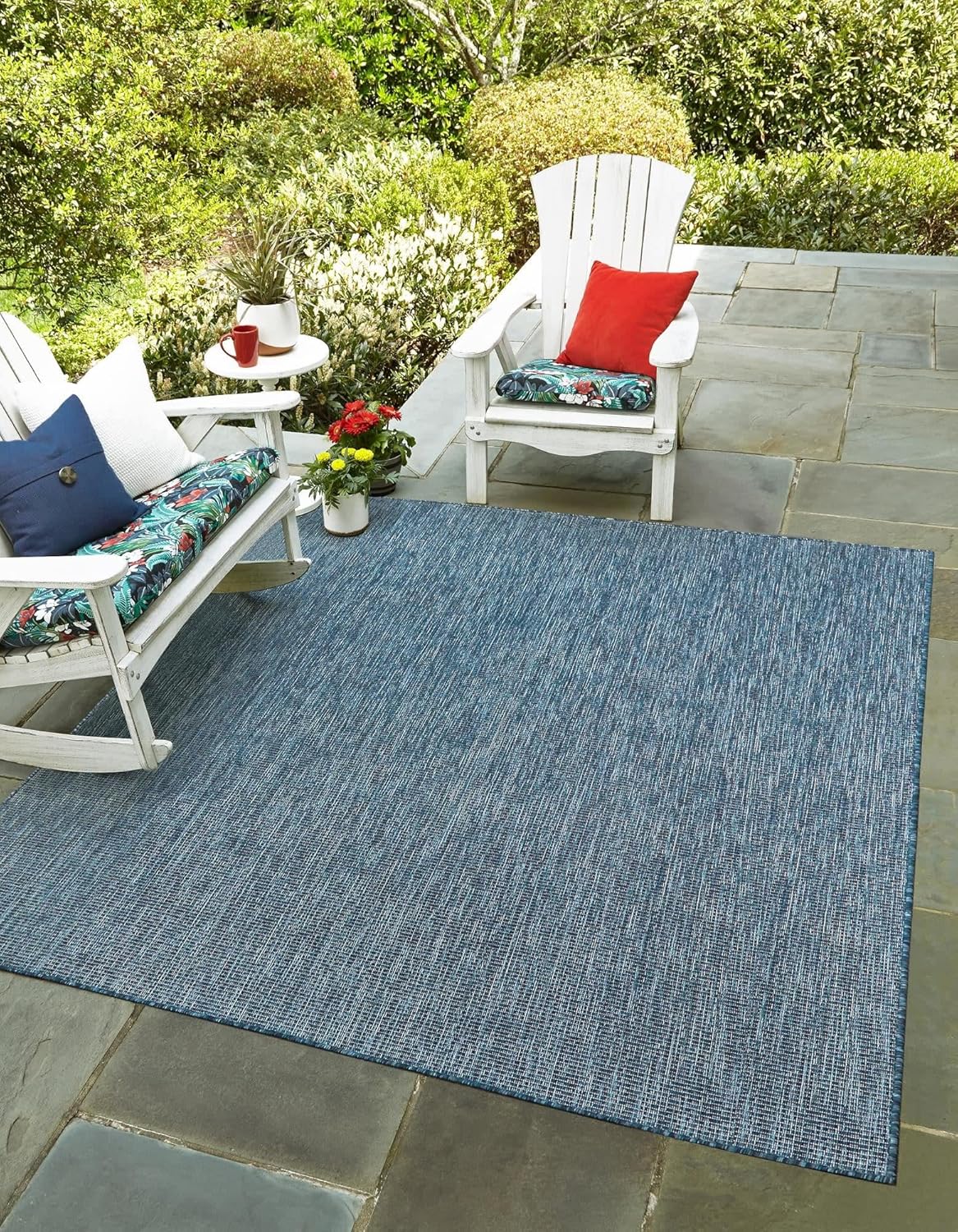 Unique Loom Collection Casual Transitional Solid Heathered Indoor/Outdoor Flatweave Area Rug (5' 1" Square, Blue/Navy Blue)