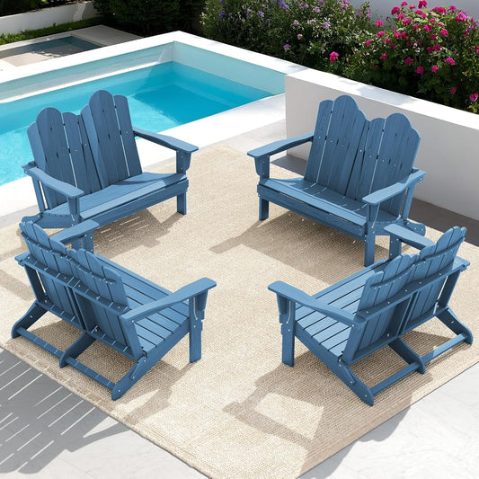 SERWALL 2 Person Adirondack Loveseat, HDPE All-Weather Folding Adirondack Bench Chair, Outdoor Adirondack Chair Set of 4, Navy