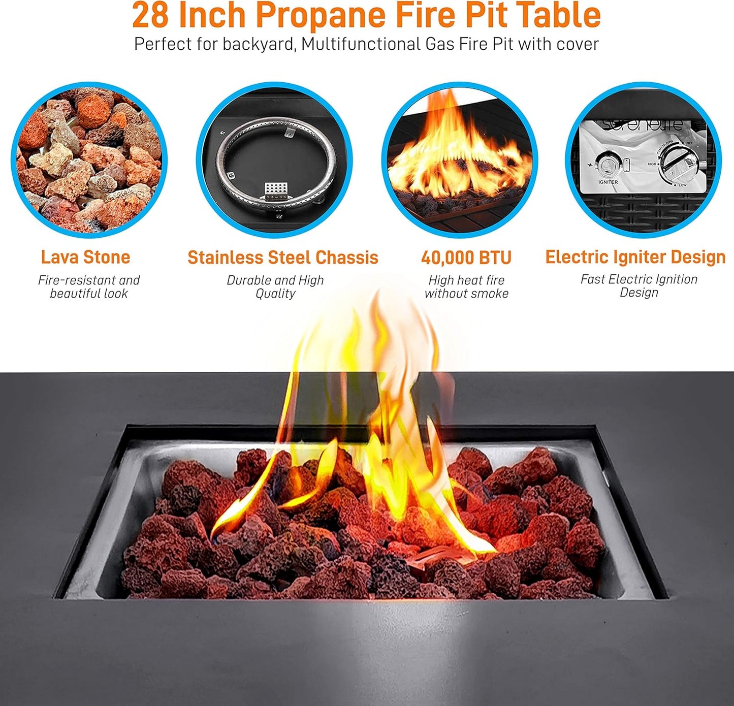 SereneLife Outdoor Propane Fire Pit Table-CSA Approved Safe 40,000 BTU Pulse Ignition Propane Gas Fire Table-28 inches-Steel Tabletop,Steel Panel