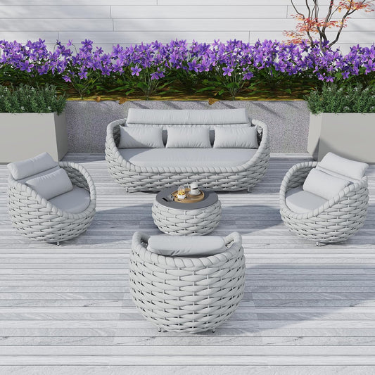Outdoor Patio Furniture Set-5 Pieces Aluminum Sectional Sofa, Metal Patio Conversation Set with Threeseat & Armchair, Textile Rope and Coffee Table, Light Grey