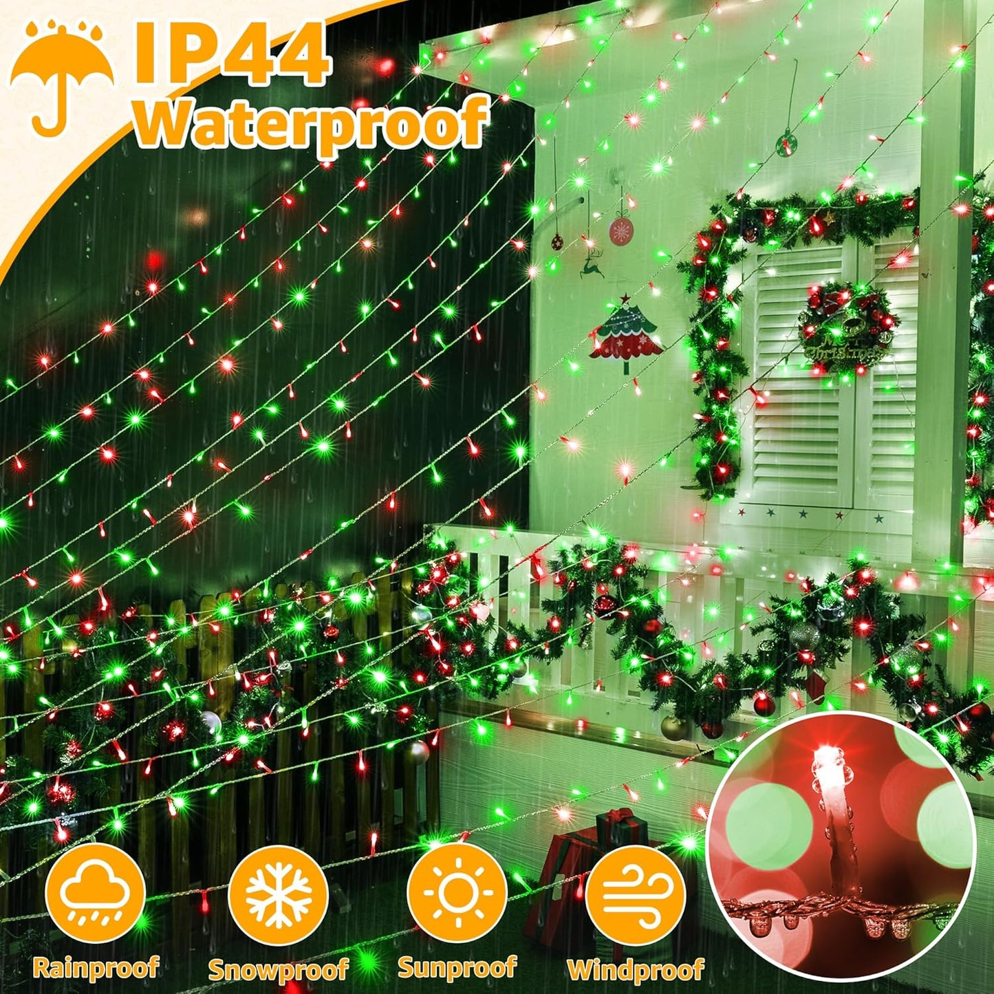 Ollny Christmas Lights Outdoor 800LED 262FT, Red and Green Plug in Fairy Lights with Remote, 8 Modes Waterproof Timers Dimmable LED String Lights for Indoor House Outside Bedroom Patio Balcony