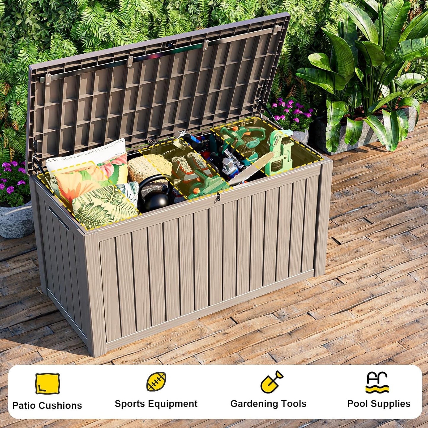 150 Gallon Deck Box,Resin Outdoor Storage Box with Lockable for Patio Furniture, Pool Accessories, Garden Tools Waterproof Outside Storage Box, Grey