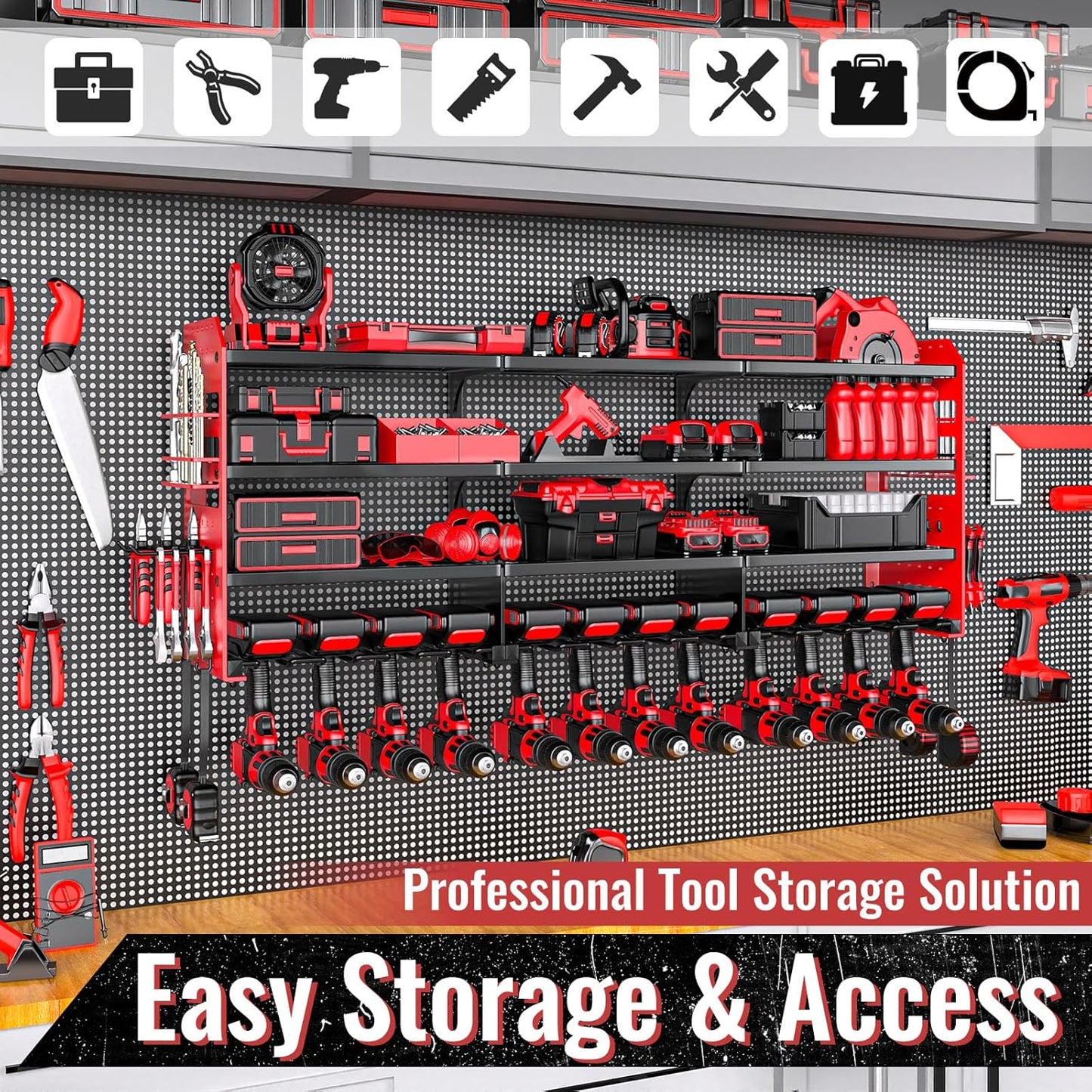 Large Power Tool Organizer Wall Mount-12 Drill Holder, Metal Heavy Duty Garage Tool Storage Shelves with Screwdriver Plier Holder, Gifts Idea for Men Dad Husband