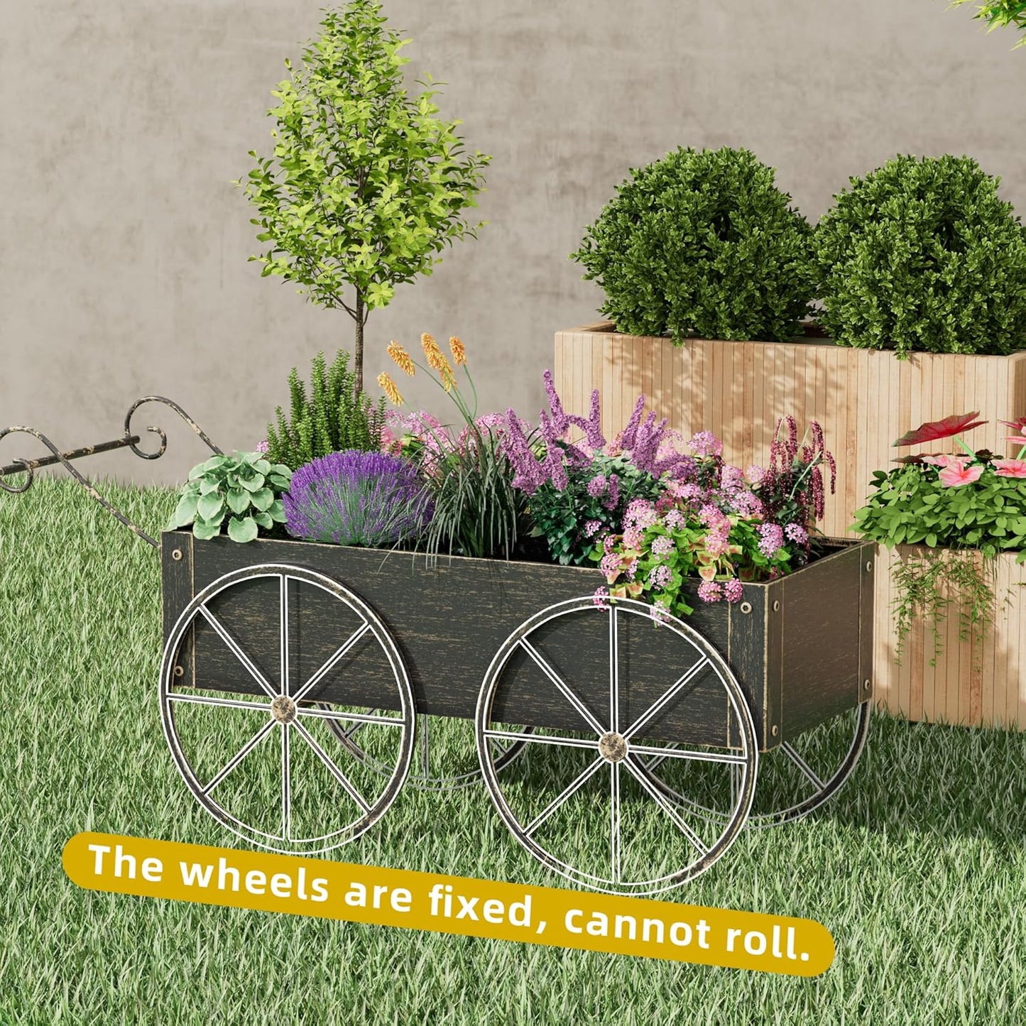 Metal Raised Garden Bed with Wagon Wheels, Small Wagon Planter Box Outdoor, Decorative Garden Planter Flower Cart for Flowers Herbs Vegetables, Patio and Balcony Decor (Golden)