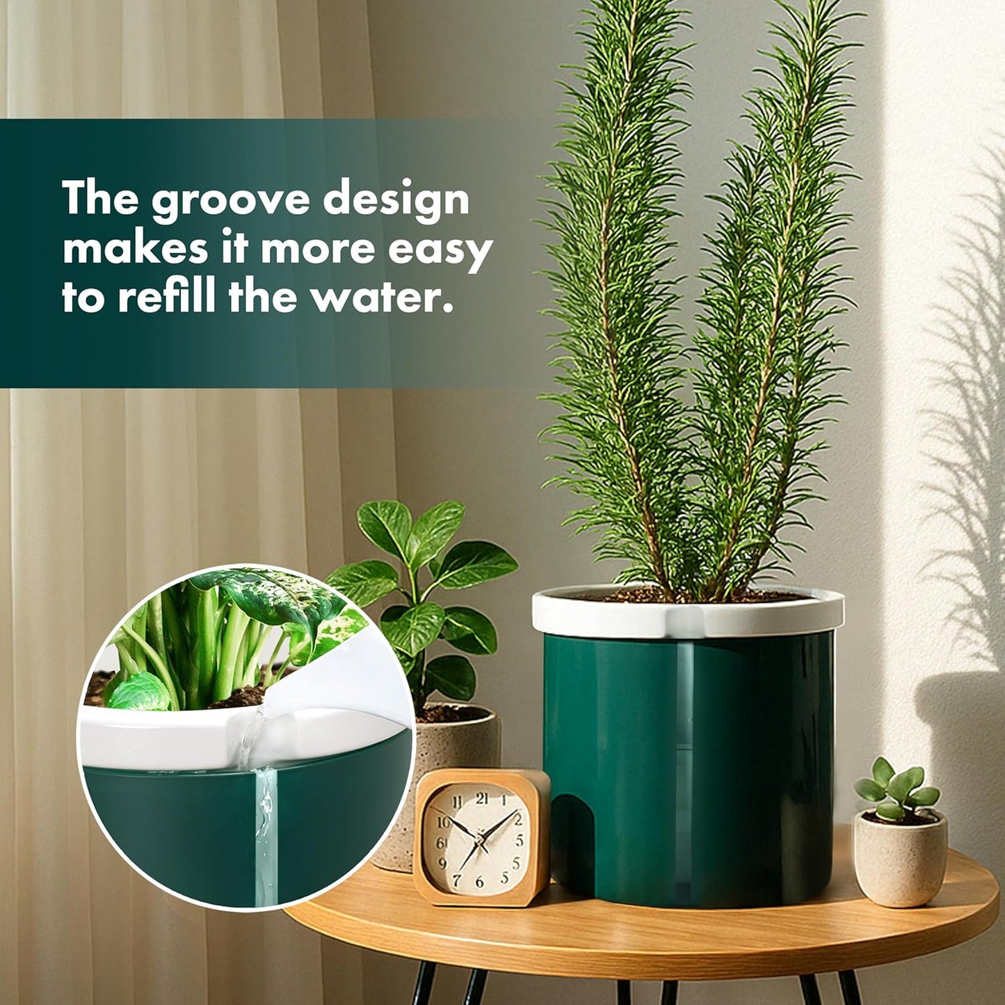D'vine Dev 8 Inch Design Self Watering Planter for Indoor Plants, White Terracotta Pot with Teal Cylinder Glass Cup, 37-X-C-5