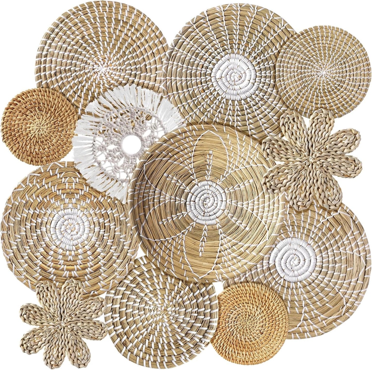 11 Pcs Boho Hanging Wall Basket Decor Handmade Woven Basket Wall Decorative Boho Wicker Baskets Placemats Round Farmhouse Bulrush Art for Rustic Home Decorations Christmas Gift(Fresh)