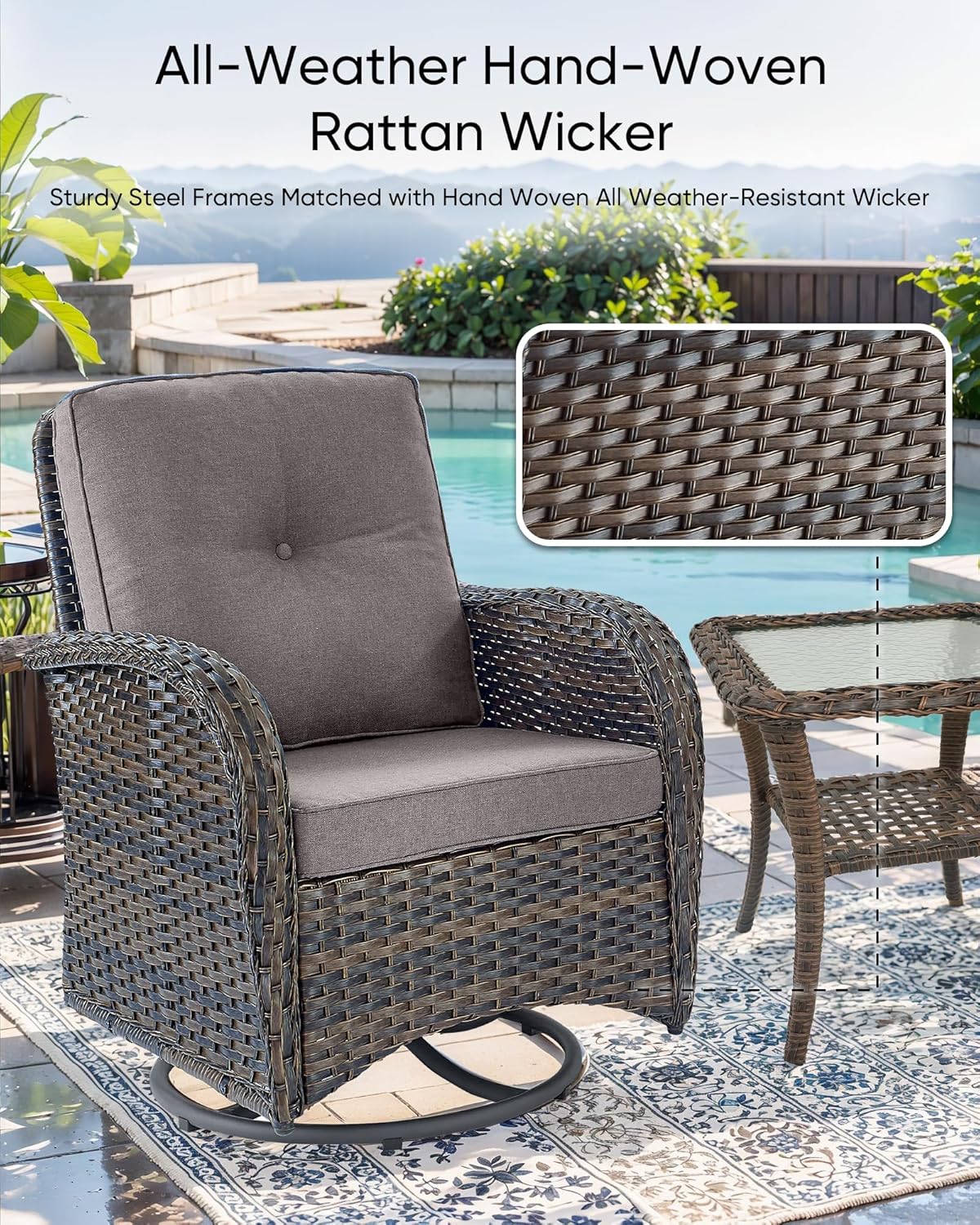 HUMMUH 7-Piece Patio Furniture Set with Fire Pit,Wicker Patio Glider Loveseat Outdoor Swivel Rocker Chairs with Ottomans for Backyard,Poolside,Deck