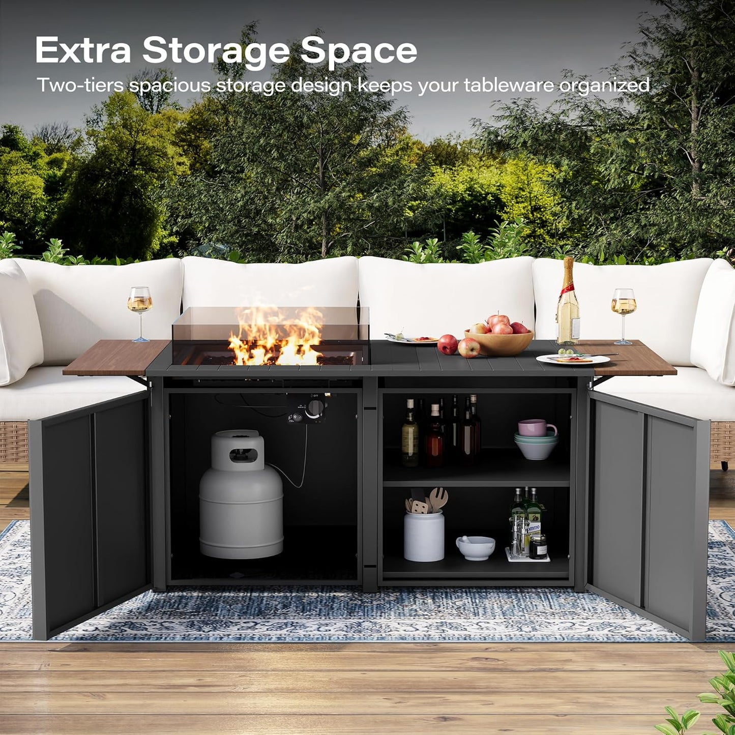 LAUSAINT HOME 64" Gas Fire Pit Table for Outside Patio, 55,000 BTU Propane Firepit with Expandable Tabletop & Wind Guard