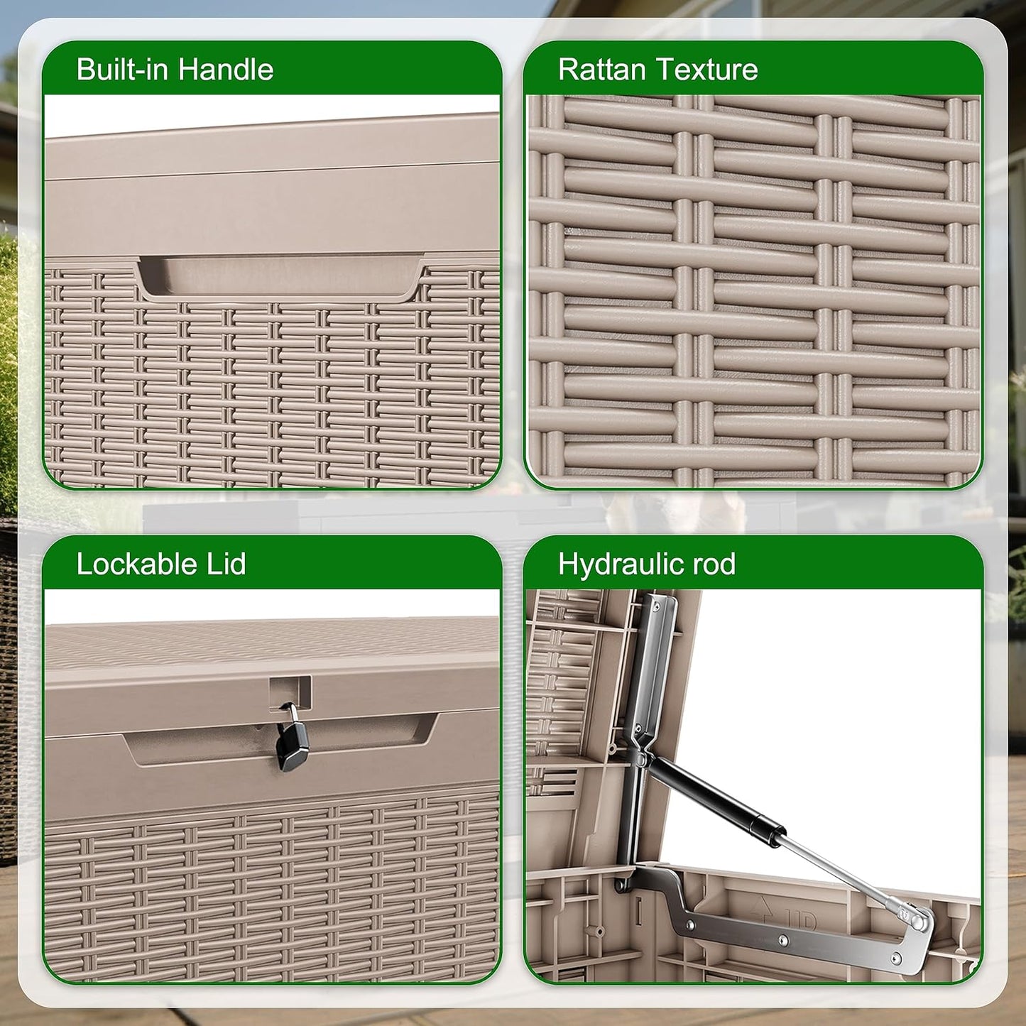 DRATO 260 Gallon Deck Box, Outdoor Large Waterproof Resin Storage Box with Lockable Lid for Patio Cushions, Gardening Tools, Sports Equipment, Light Brown