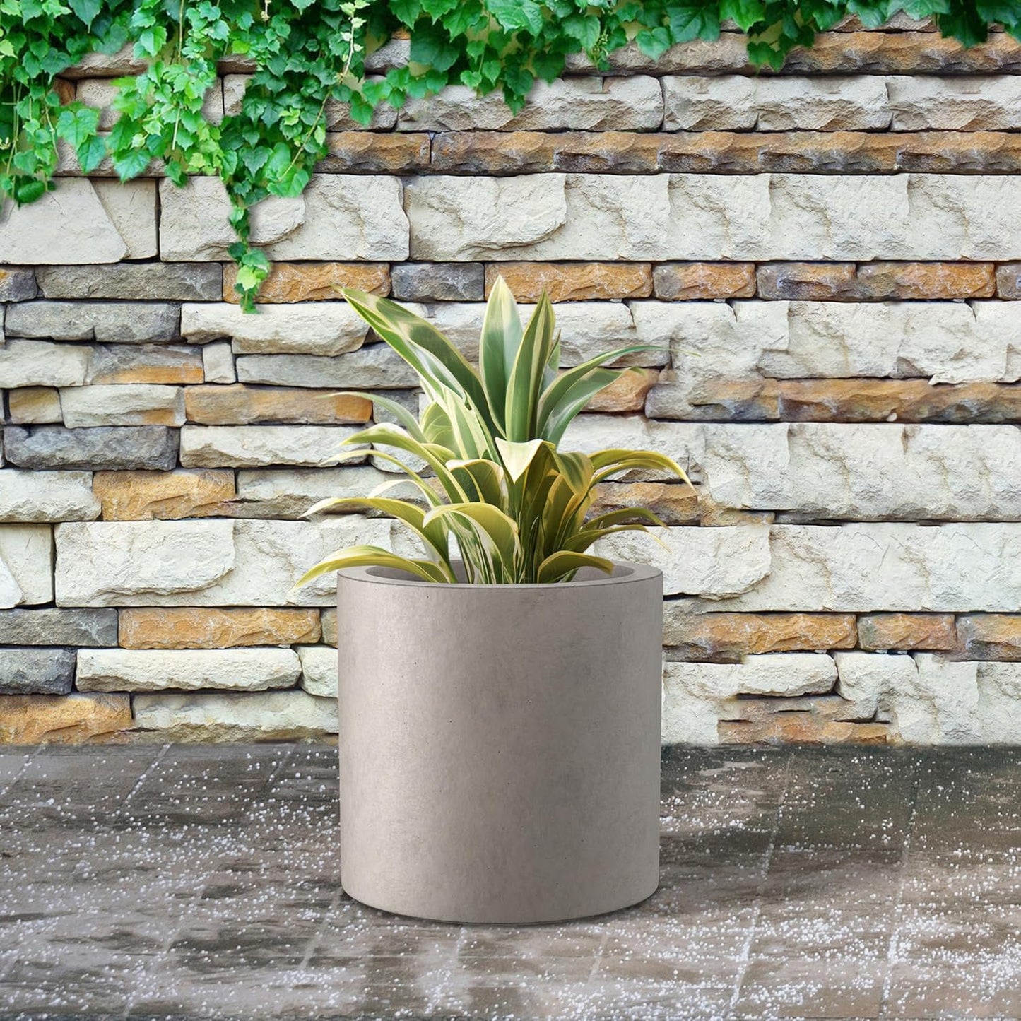 Kante 9.8" Dia Round Concrete Planter, Modern Style Large Cylindrical Plant Pot with Drainage Hole and Rubber Plug for Indoor Outdoor Patio, Weathered Concrete