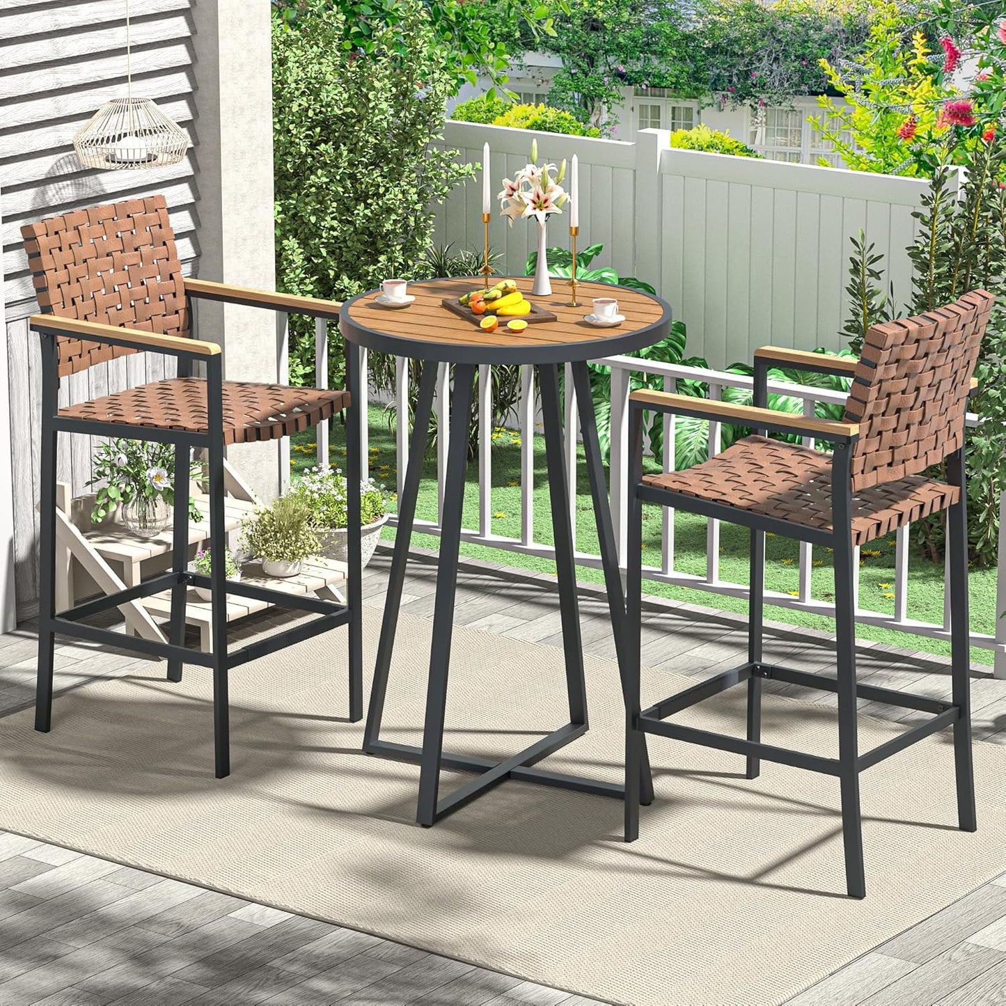 3 Piece Bar Height Patio Table and Chairs Set, High Top Bistro Set with Fauxwood Armrest, Outdoor Bar Stools and Table Sets for Garden, Backyard, Home, Balcony