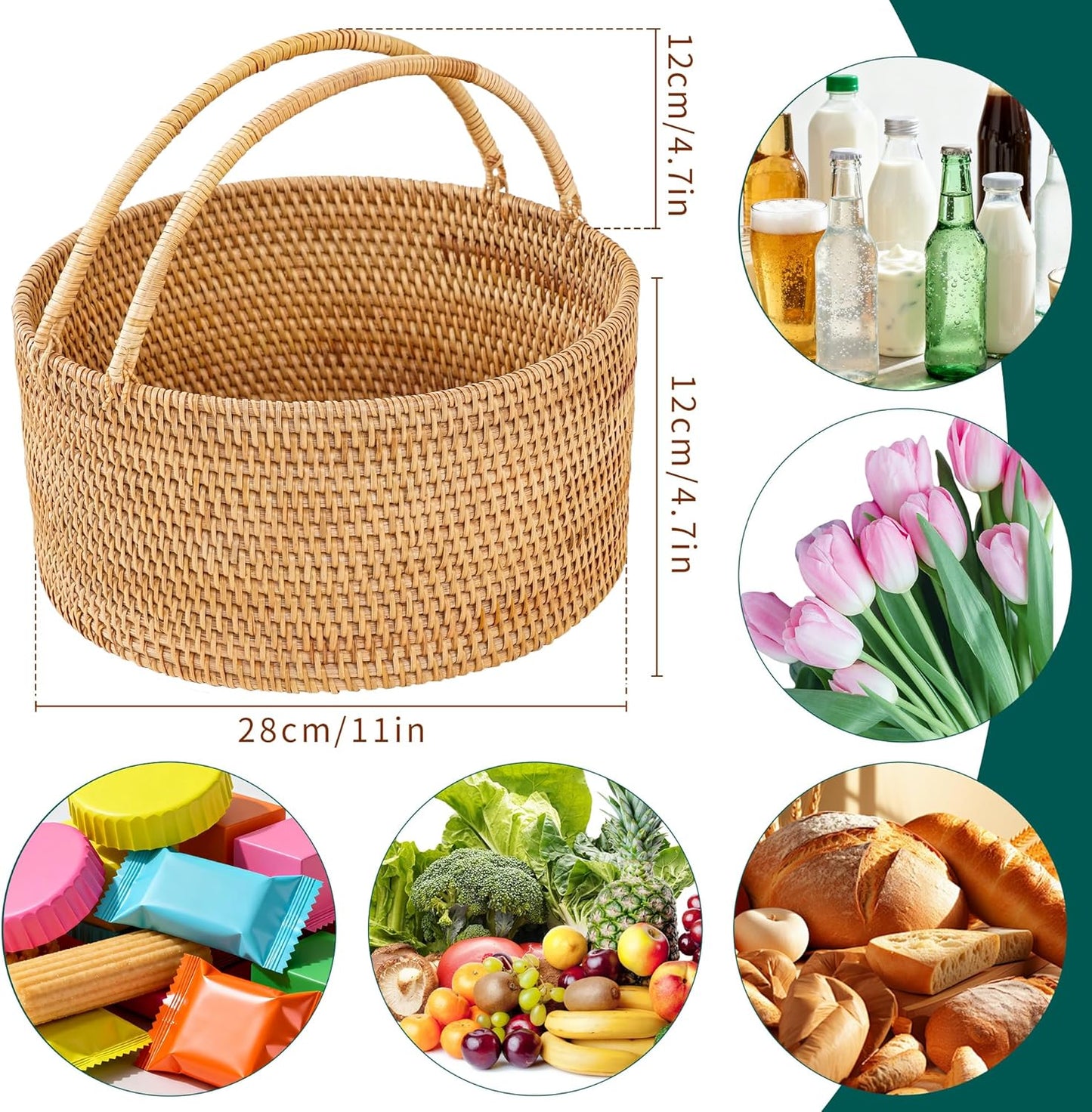 11"×11"×5" Rattan Picnic Basket with Handles, Large Round Gift Basket, Hand-Woven Basket for Fruit, Empty Gift Basket for Festival, Wedding, Camping