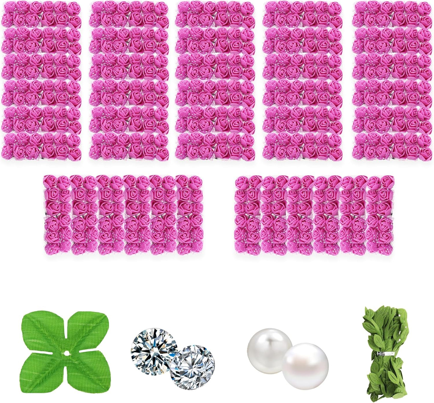 500 Pcs 0.6 Inch Mini Artificial Flowers Head Bulk 5 in 1 Set Faux Foam Fake Small Rose Tiny Baby Flores Bouquet Wreath Gift Hair Clip Home Decoration DIY Craft (Hot Pink)