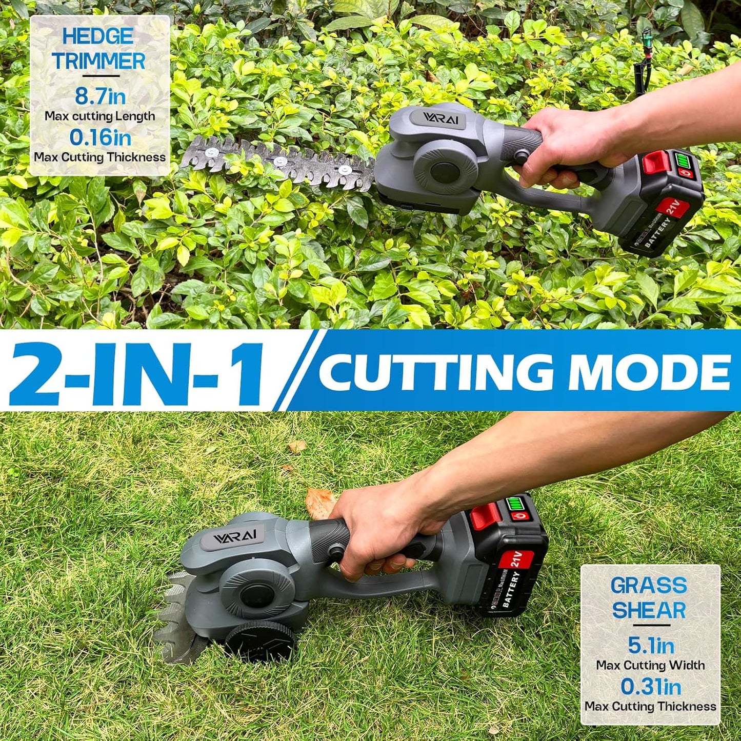 Cordless Hedge Trimmer, 2-in-1 Hedge Trimmer, Ultra Long Battery Life with Battery*2, high-Power and high-Capacity Grass Trimmer for Gardens, Yards and lawns, Including Charger