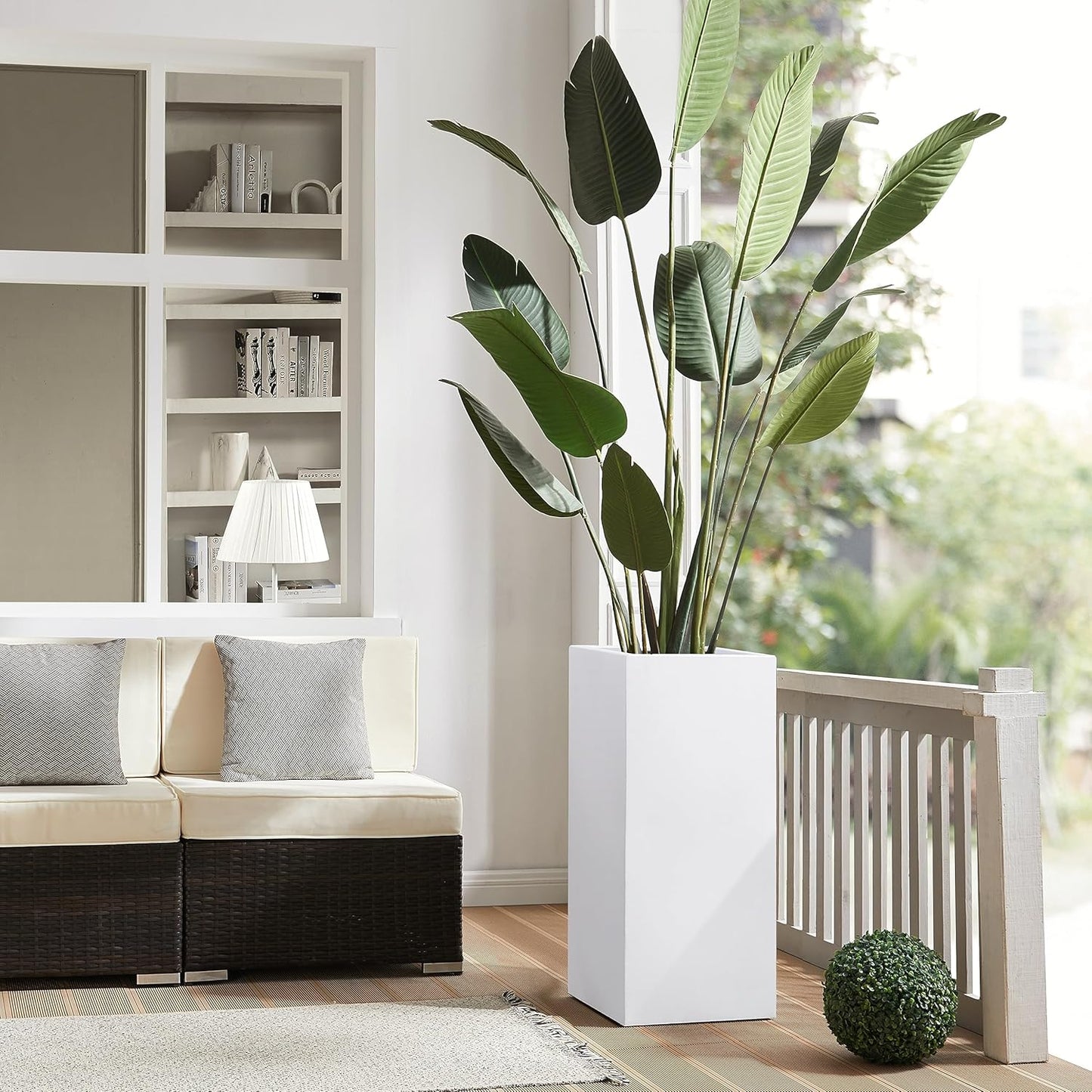 Metallic Heavy Tall Outdoor/Indoor Planter Box, Seamless Metal Planter, Rectangular, 14”Lx14”Wx30”H, ‎25 Pounds Each, Pure White, No Assembly and Seamless, Set of 2