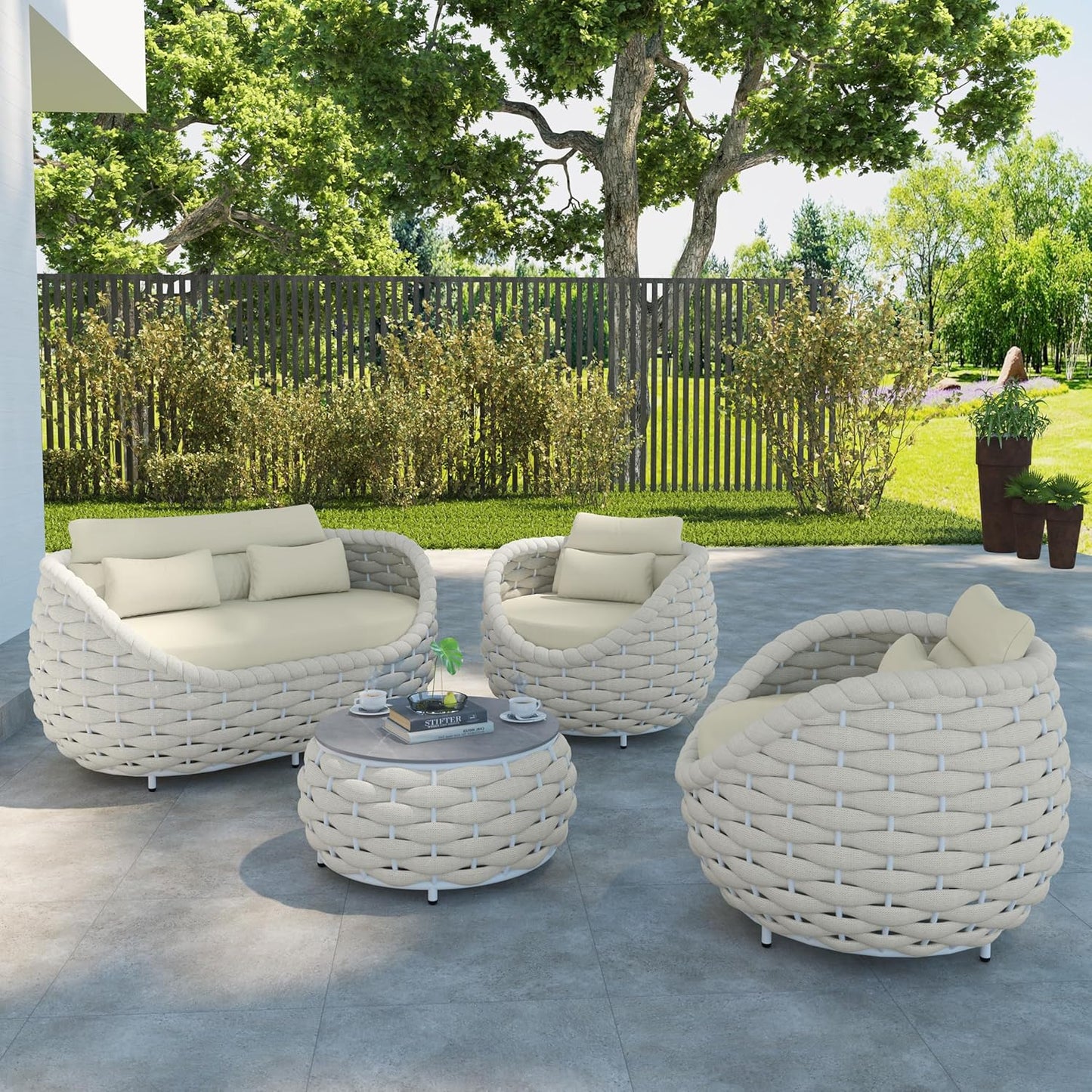 TWT Outdoor 4-Piece Conversation Set Rust Free Patio Furniture Set Already Assembled Compact-Weave Rope Olefin Modern Sofa Seating with Thick & Washable Cushions for Indoor, Backyard, Balcony, Cream