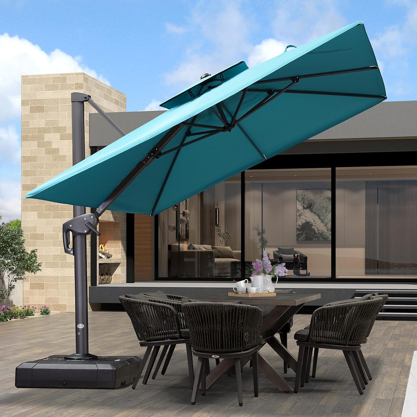 PURPLE LEAF 9' X 12' Cantilever Outdoor Umbrellas Large Patio Umbrella Hanging Double Top Rectangle Offset Umbrella with 360°Rotation Tilting Umbrella Outdoor Patio, Turquoise Blue